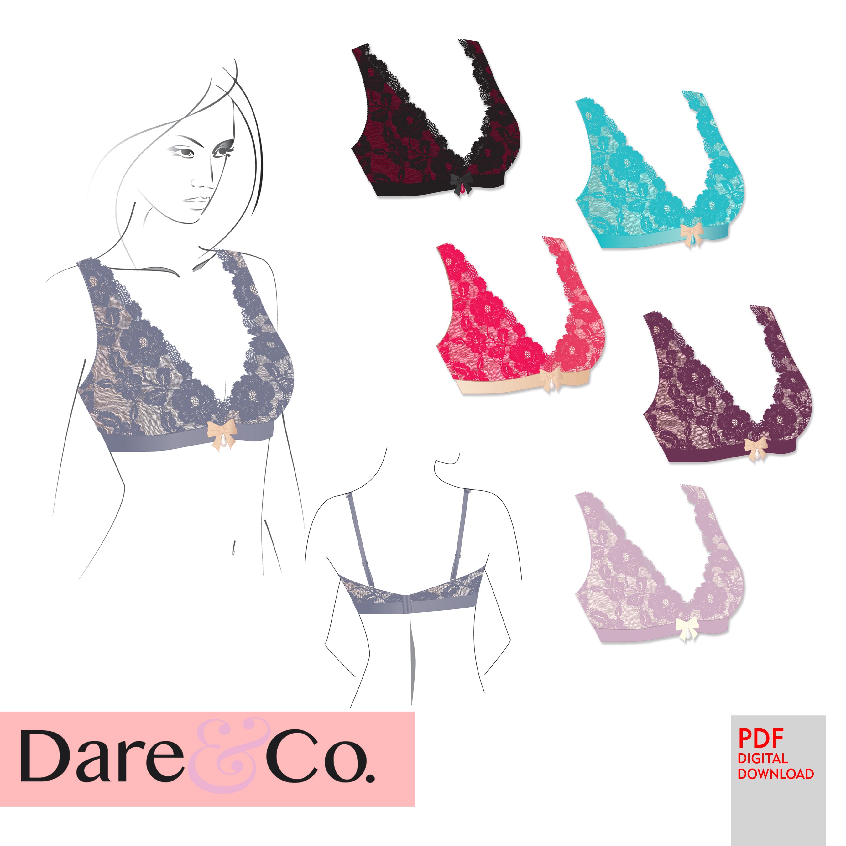 PDF Dare & CoSewing Pattern. Wire-Free Lace Bralette- Sizes: 32-36 AB – CD, 38AB - Stitch Love Studio