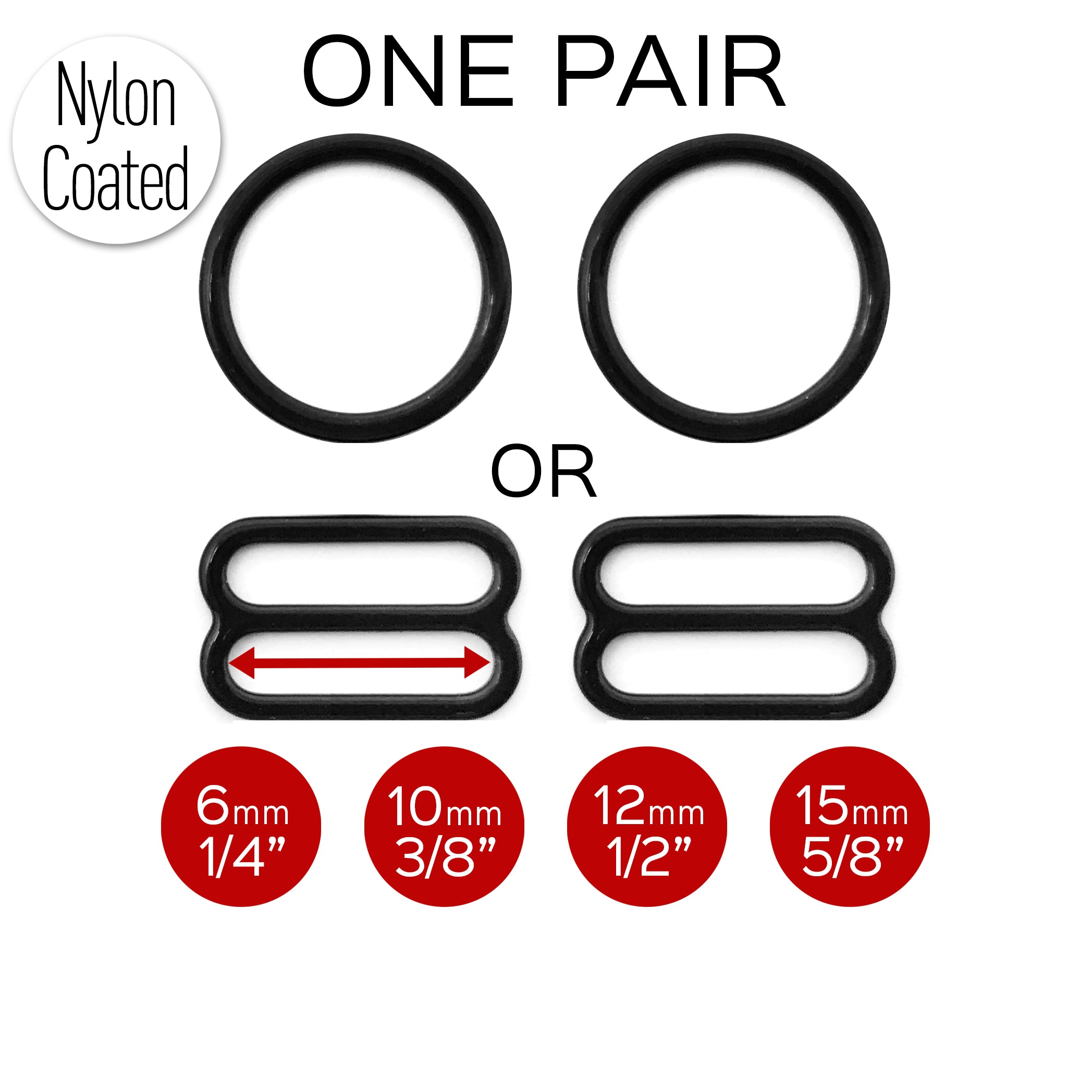 Set of 2 Rings OR 2 Sliders Bra Strap Sliders in Black- 3/8" (10mm), 1/2" (12mm), 5/8" (15mm), 1/4" (6mm) - Stitch Love Studio
