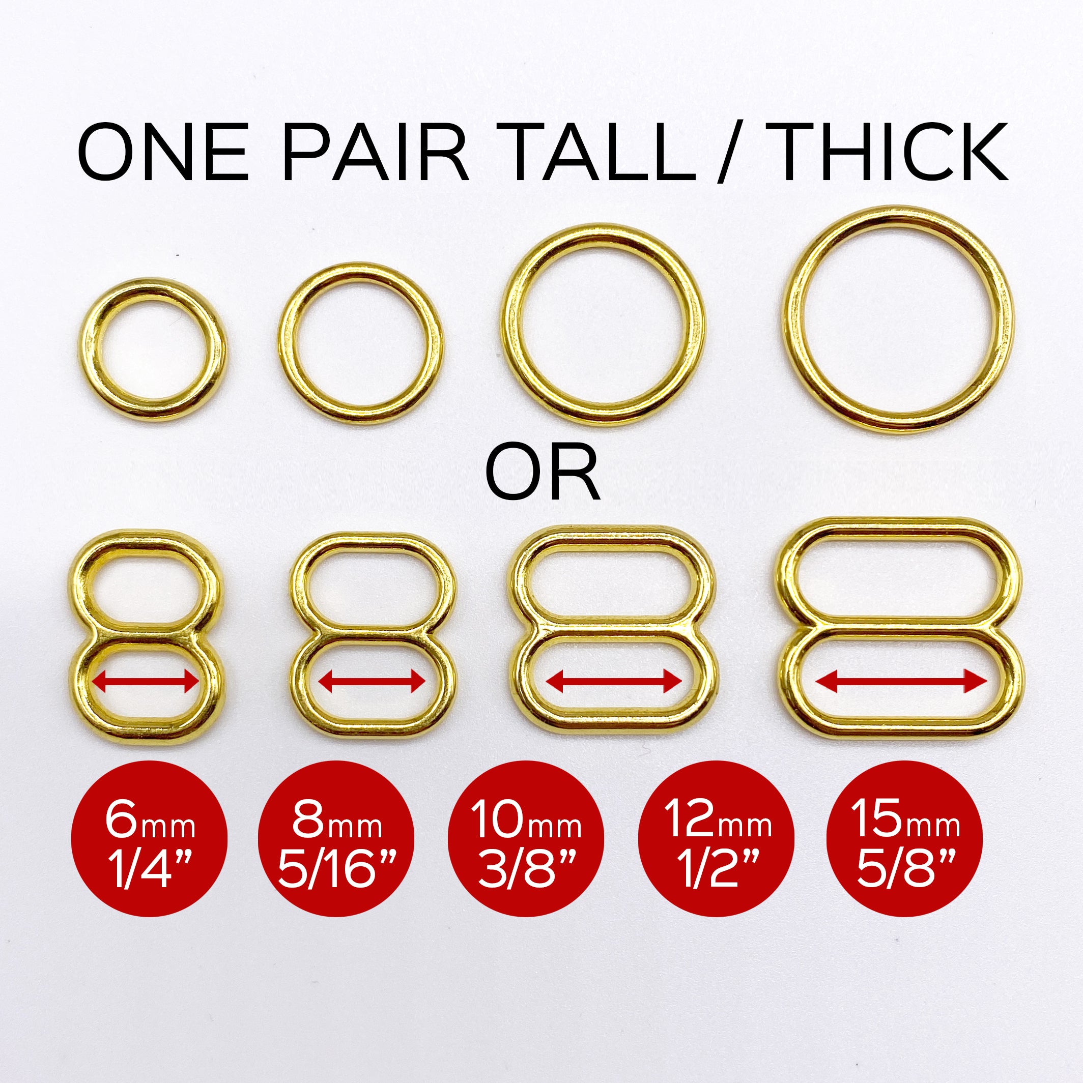 Set of 2 Thicker Rings OR 2 Tall Thick Sliders in Gold for Swimwear or Bra making- 1/4"/6mm, 5/16"/8mm, 3/8"/10mm, 1/2"/12mm, 5/8"/15mm - Stitch Love Studio