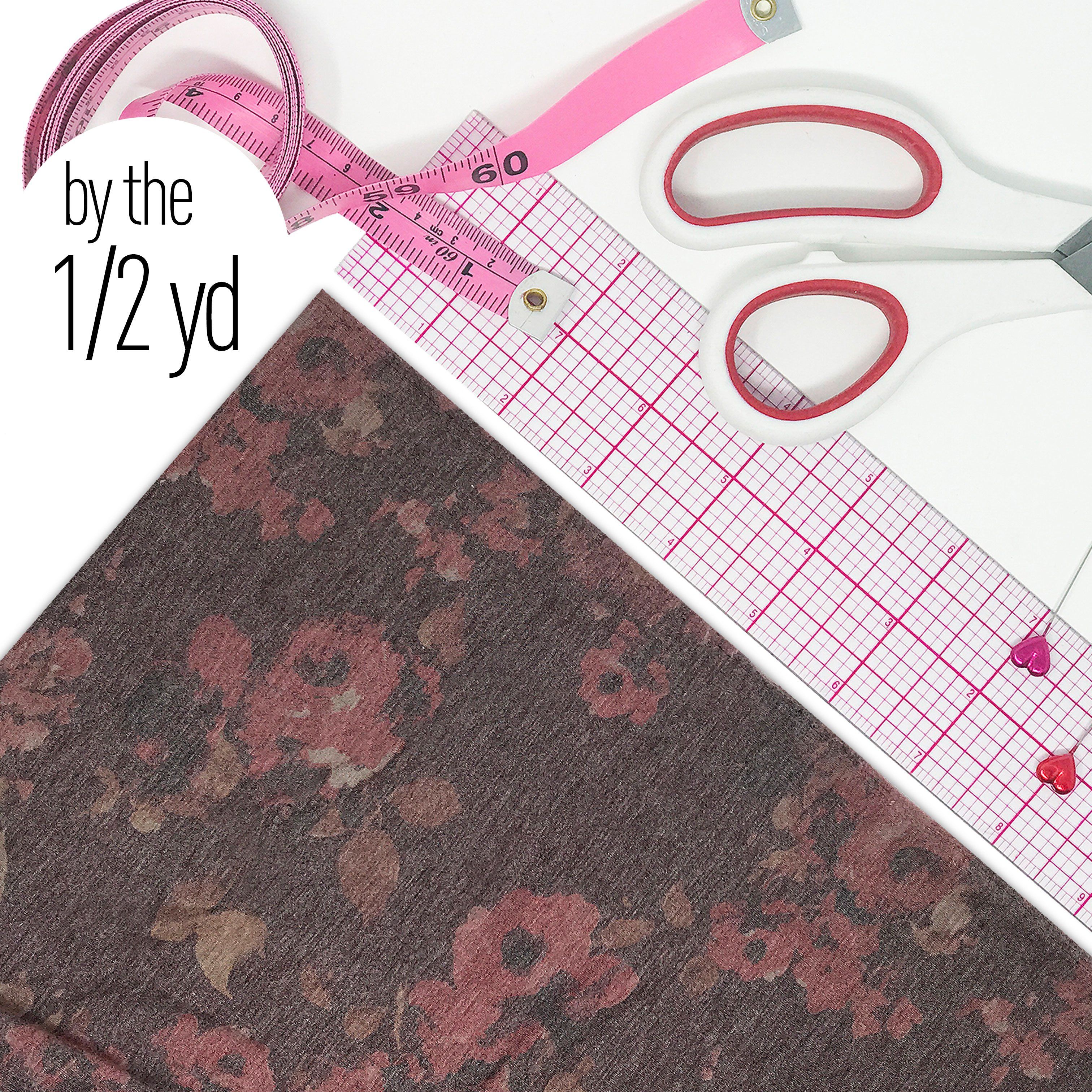 French Terry Knit Fabric Heather Chocolate Brown with Flower Print- by the 1/2 Yard - Stitch Love Studio