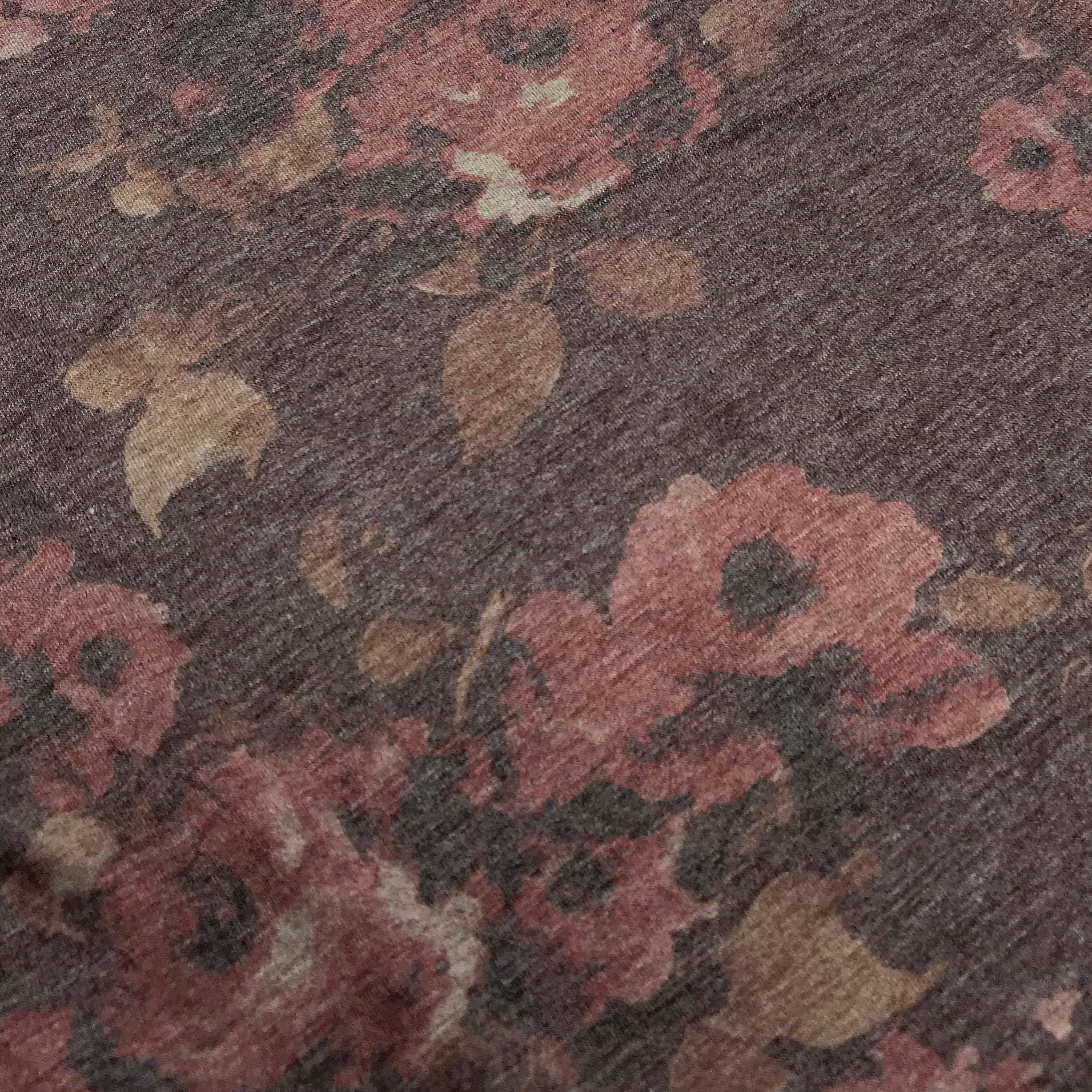 French Terry Knit Fabric Heather Chocolate Brown with Flower Print- by the 1/2 Yard - Stitch Love Studio