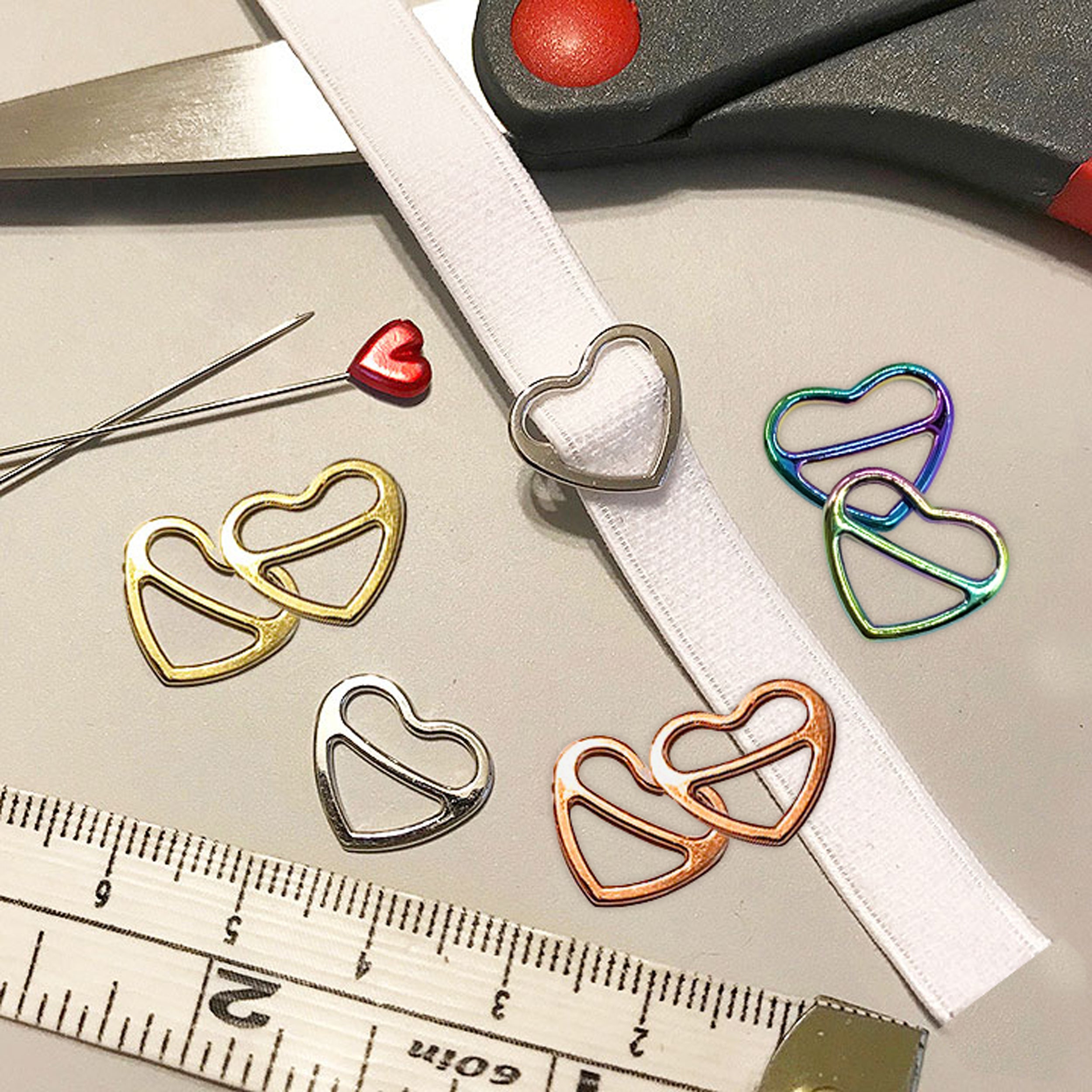 3/8" (10mm), 1/2" (12mm), 5/8" (15mm) Metal Heart-Shaped Bra Strap Sliders- Set of 2 - Stitch Love Studio