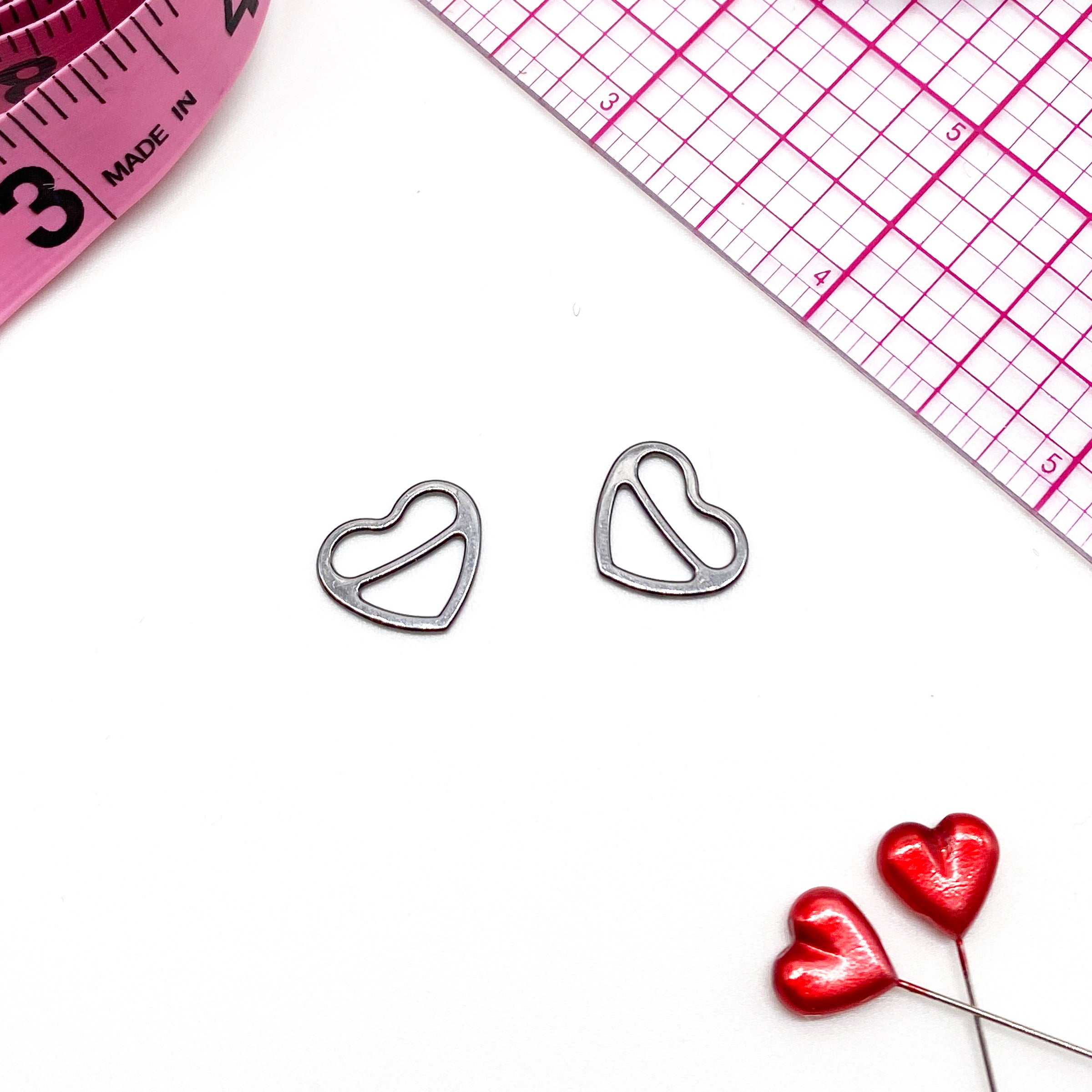 3/8" (10mm), 1/2" (12mm), 5/8" (15mm) Metal Heart-Shaped Bra Strap Sliders- Set of 2 - Stitch Love Studio