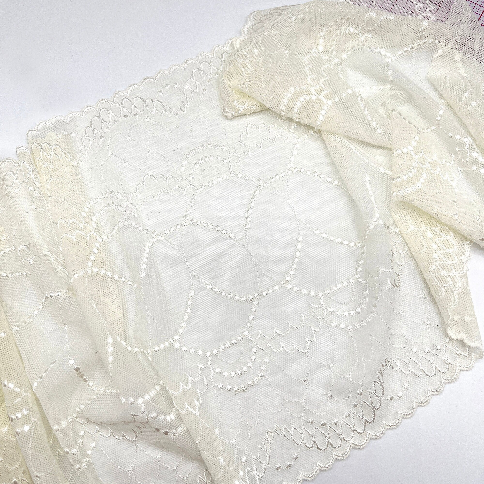 9.5" (24cm) Wide, Delicate Stretch Lace in Light Sand, Ivory, Black and White - 1 Yard - Stitch Love Studio