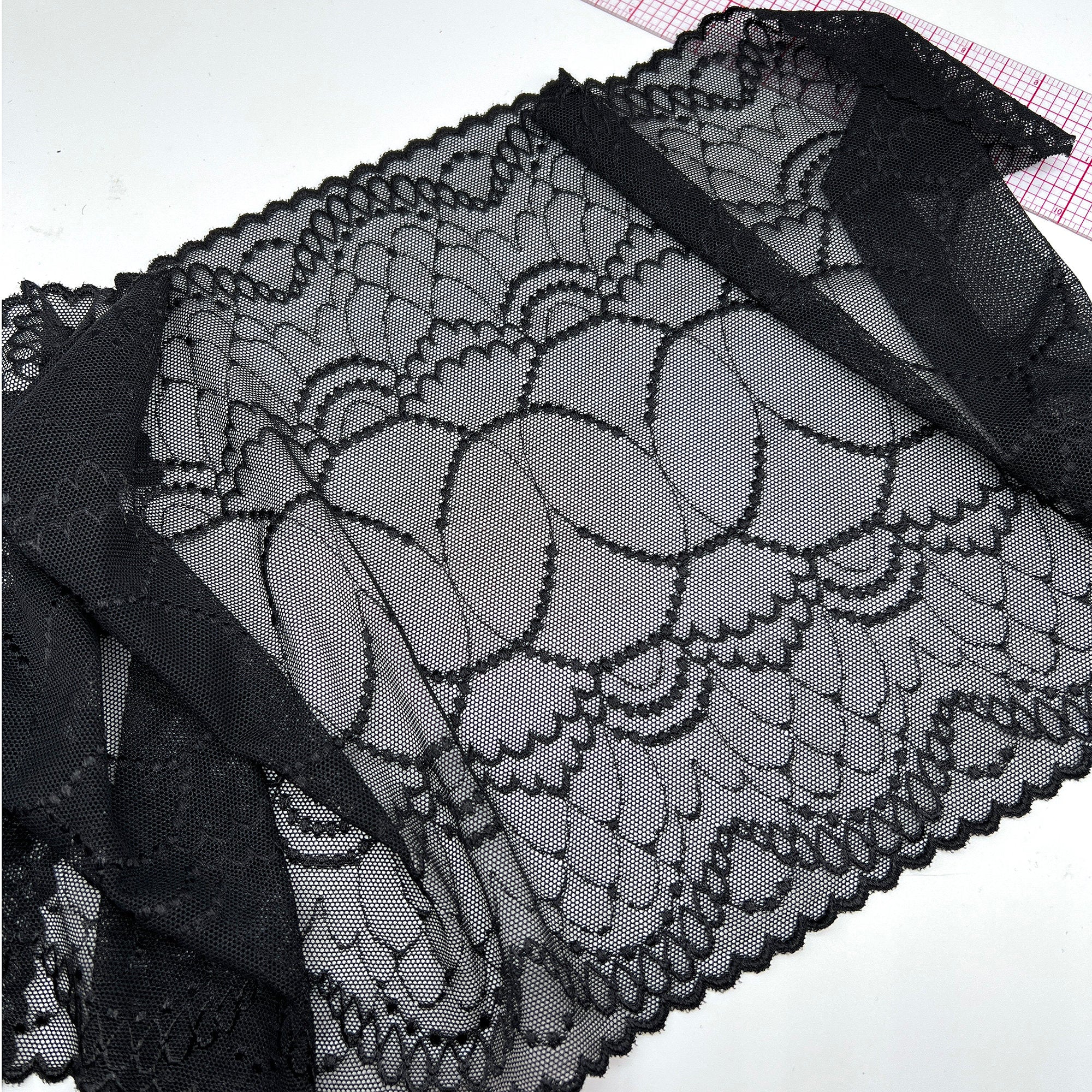9.5" (24cm) Wide, Delicate Stretch Lace in Light Sand, Ivory, Black and White - 1 Yard - Stitch Love Studio