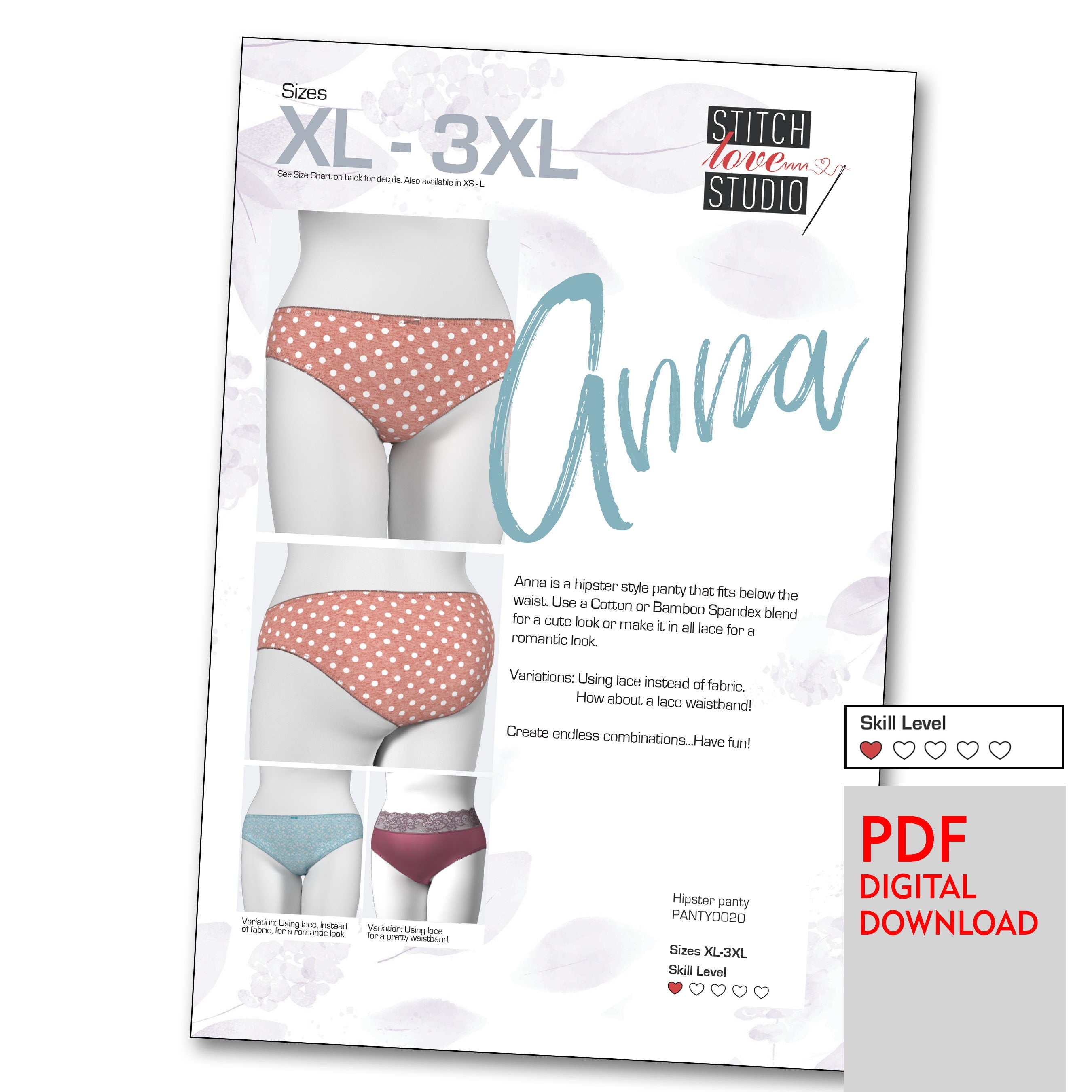 Downloadable PDF Anna Hipster Panty Sewing Pattern, Sizes XL-3XL
