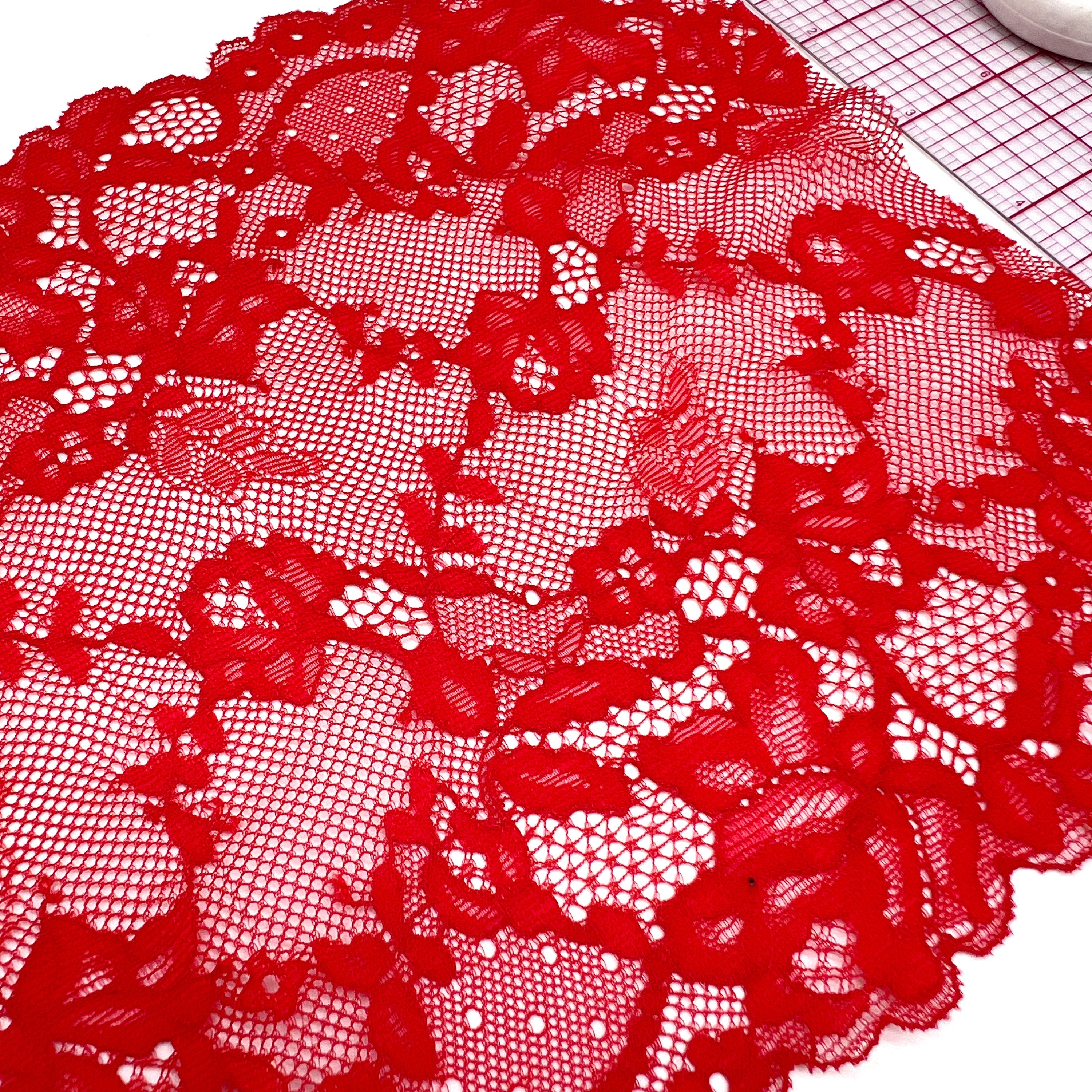 7" (18cm) Wide Flowery Red Lace- 1 Yard - Stitch Love Studio