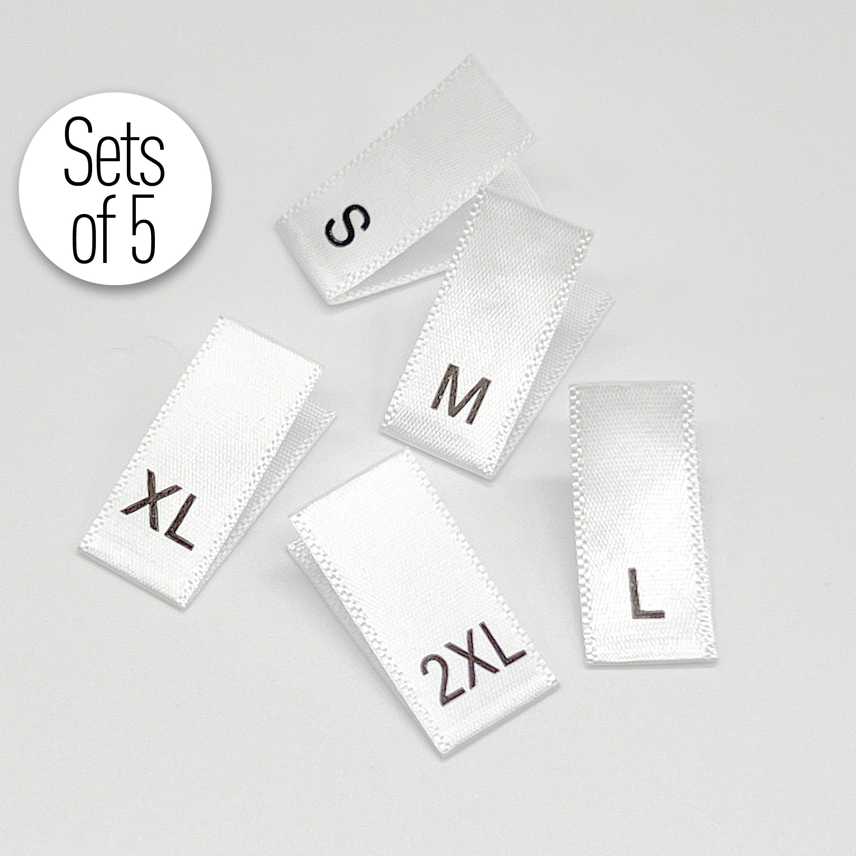 White Satin Garment Size Labels- Set of 5 of each size - Stitch Love Studio