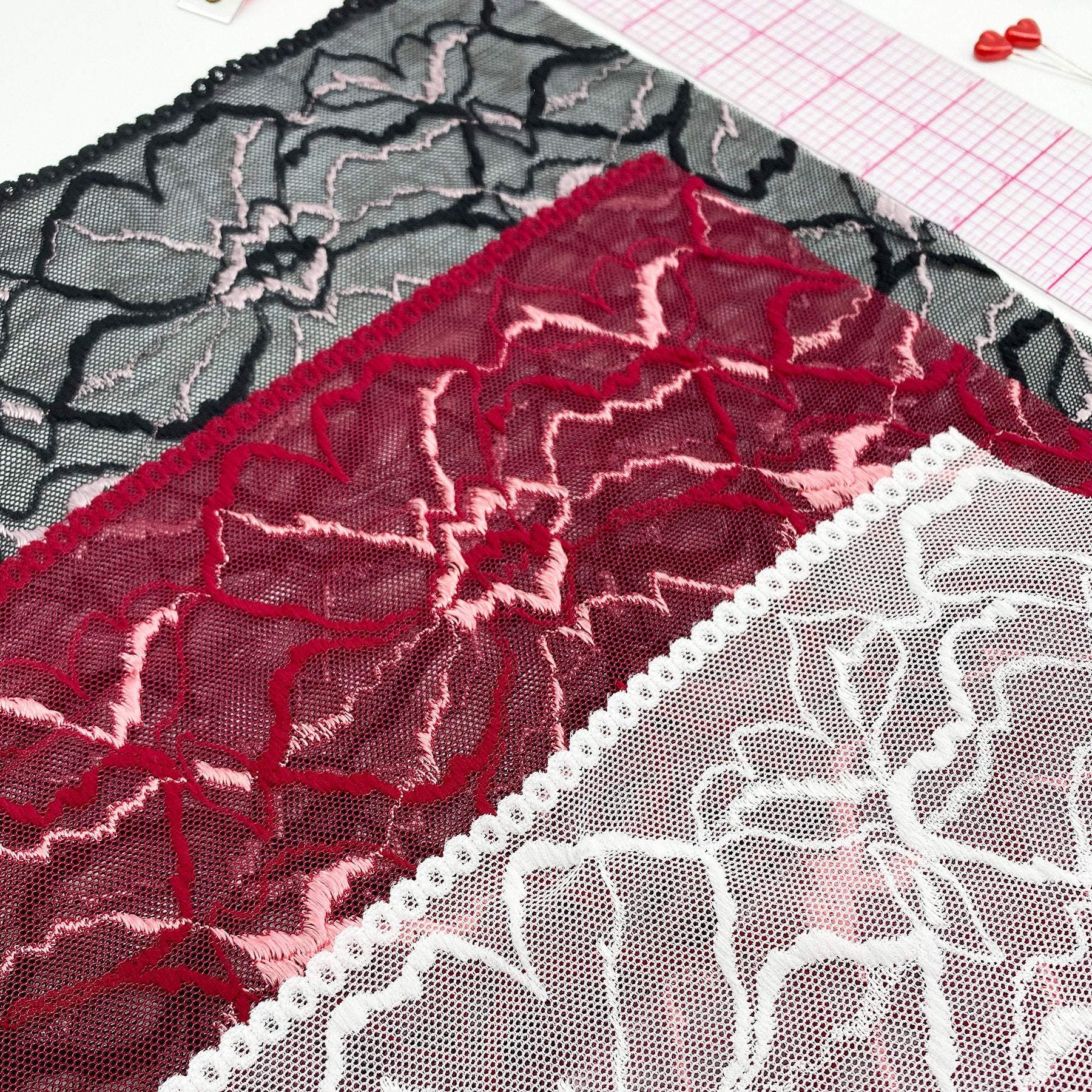 9" (23cm) Stretch Lace, Soft, High Quality in Black, White, Black-Pink or Wine-Pink- by the 1 yard - Stitch Love Studio