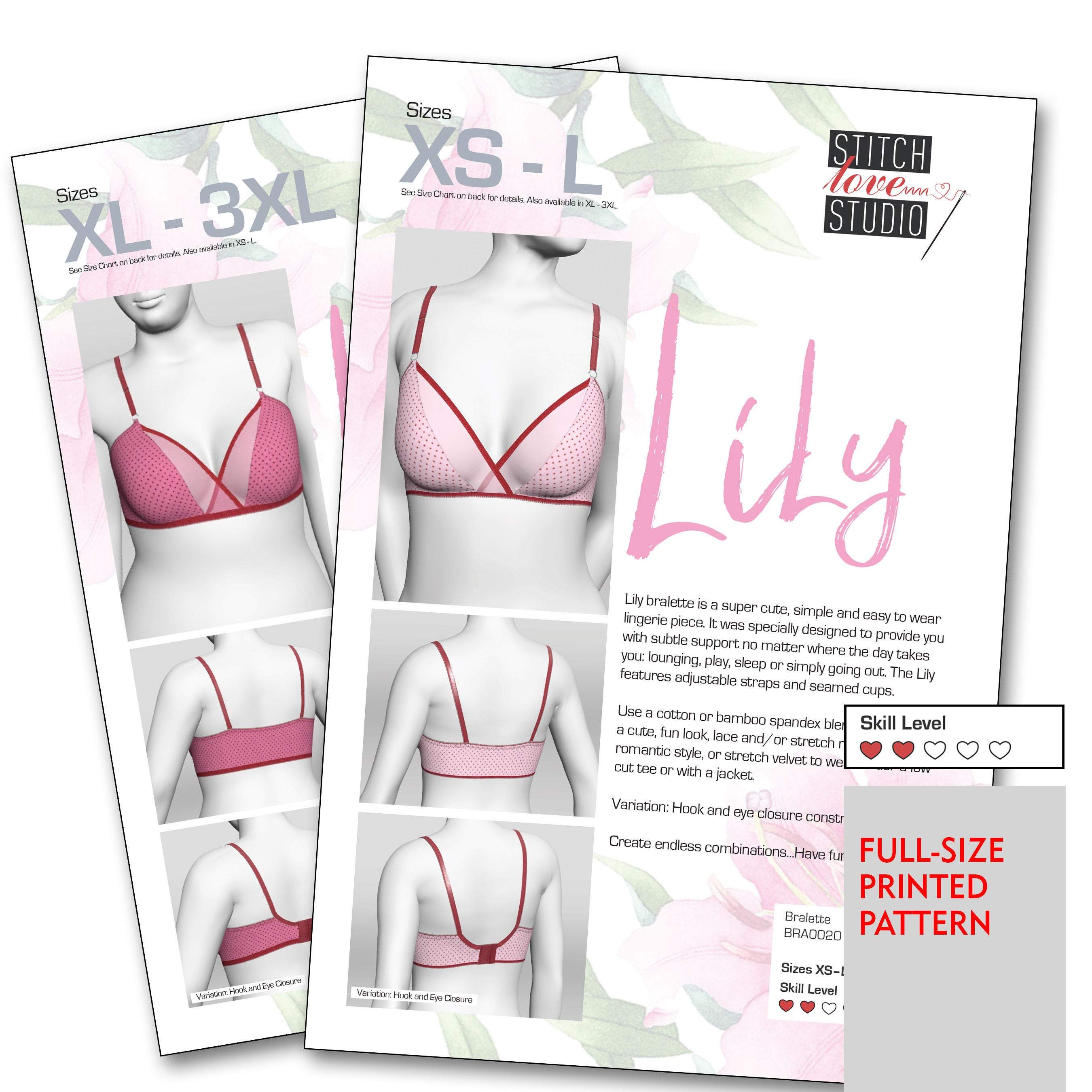Printed Lily Bralette Sewing Pattern, Sizes XS-L or XL-3XL