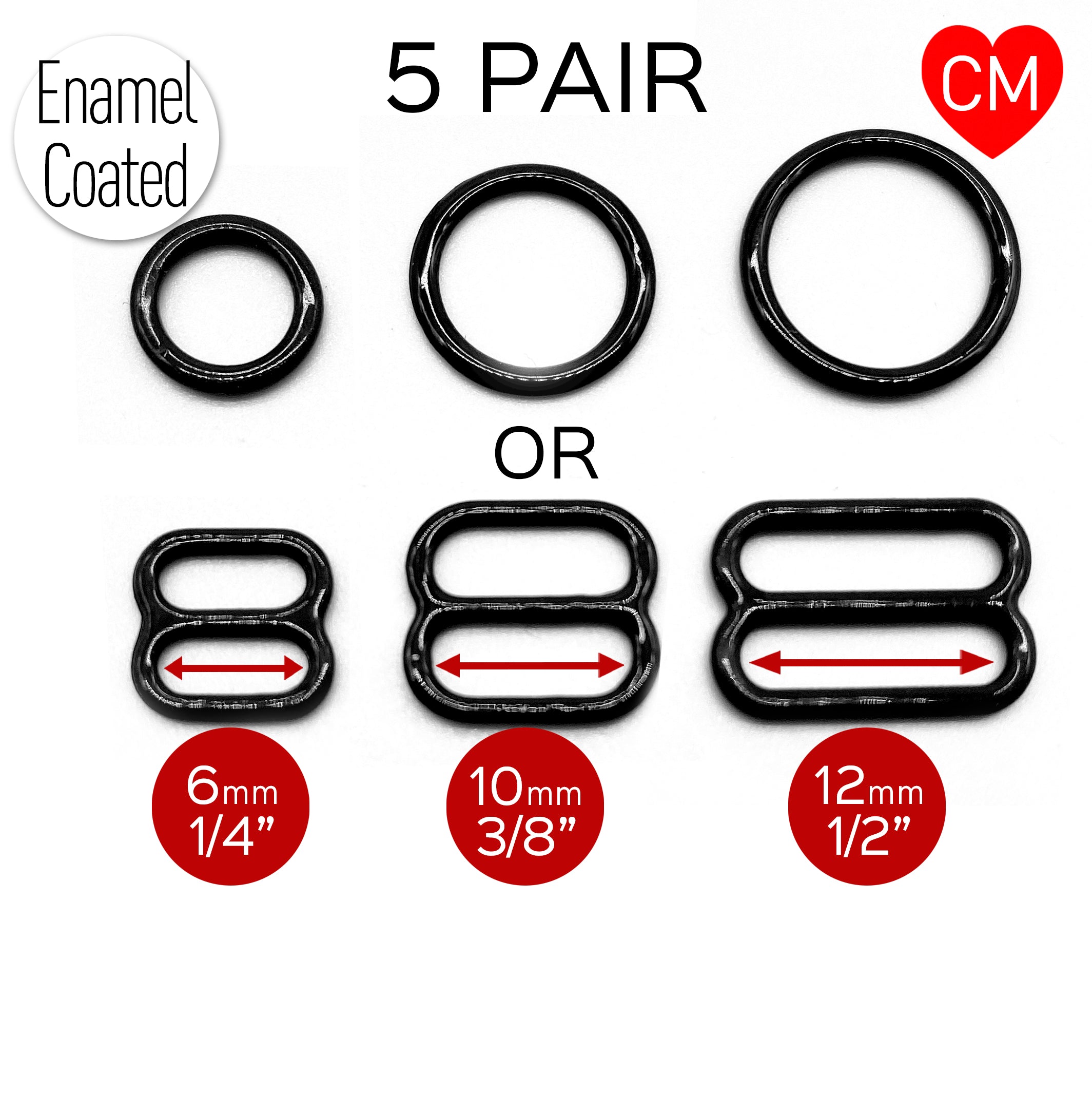 CLEARANCE- 5 Pair of Rings OR Sliders Bra Strap Sliders in Black Enamel for Bra making or Swimwear - 1/4"/6mm, 3/8"/10mm, 1/2"/12mm - Stitch Love Studio
