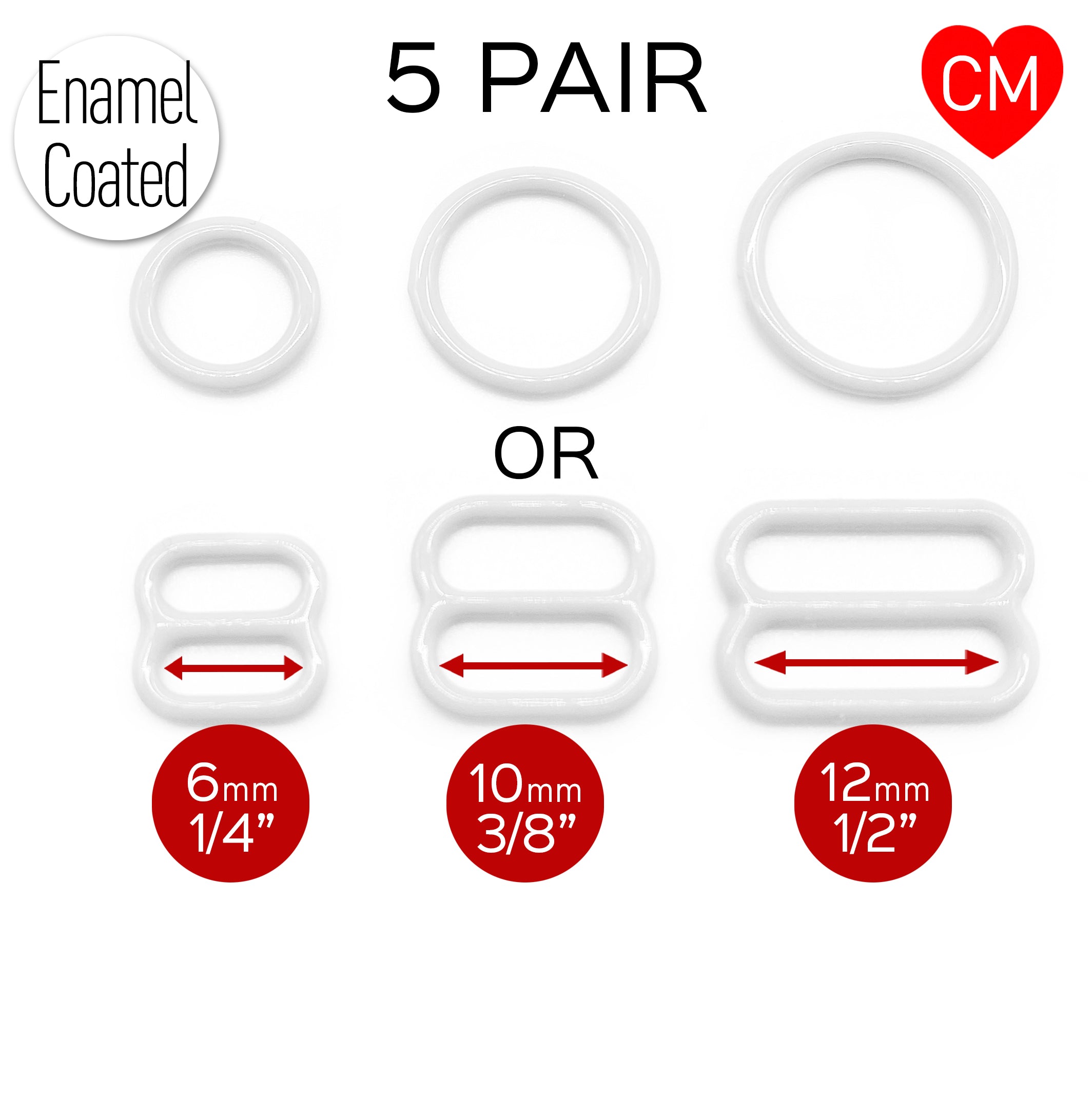 CLEARANCE- 5 Pair of Rings OR Sliders White Enamel for Bra making or Swimwear - 1/4"/6mm, 3/8"/10mm, 1/2"/12mm - Stitch Love Studio