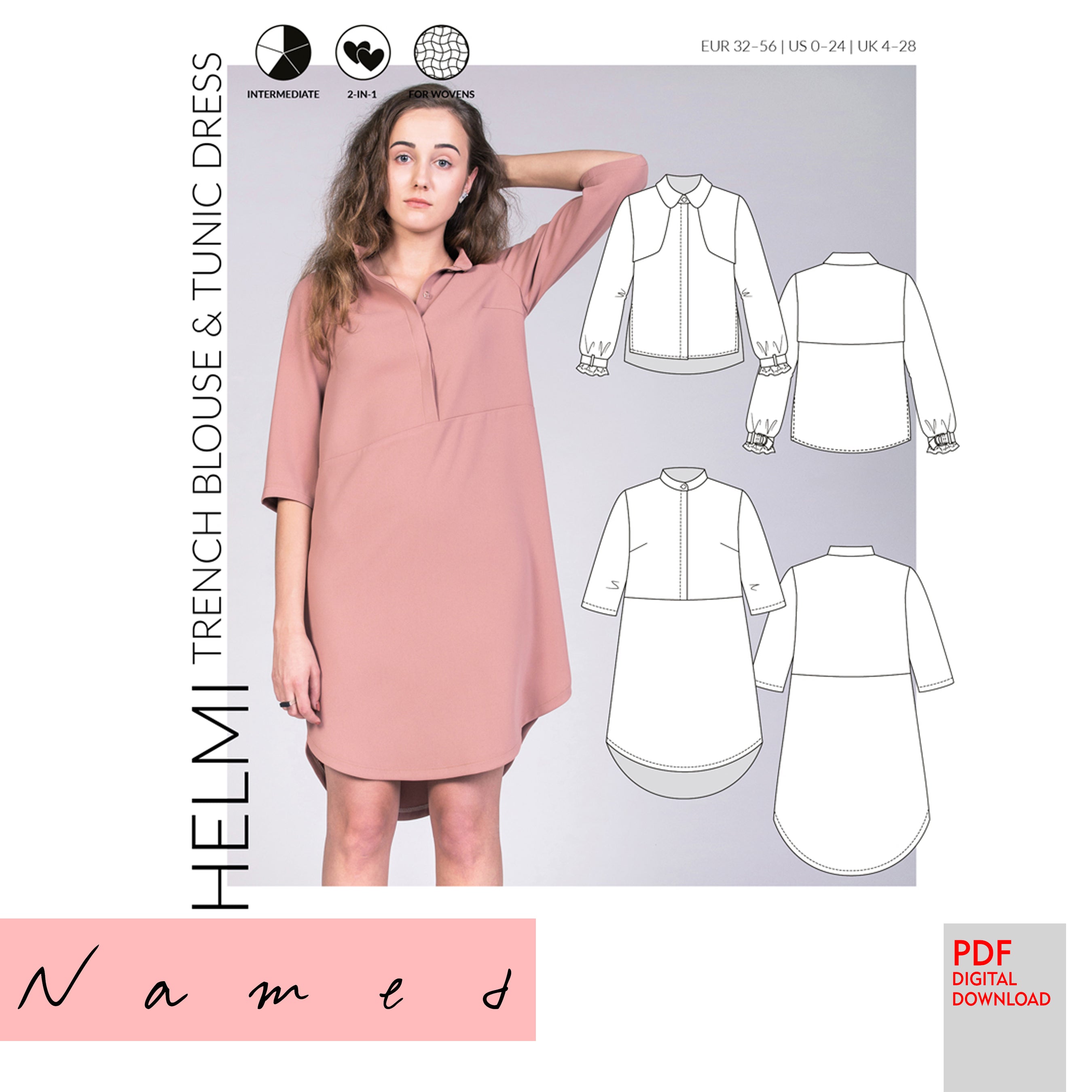 PDF Named Clothing Pattern- Helmi Trench Blouse & Tunic Dress - Stitch Love Studio
