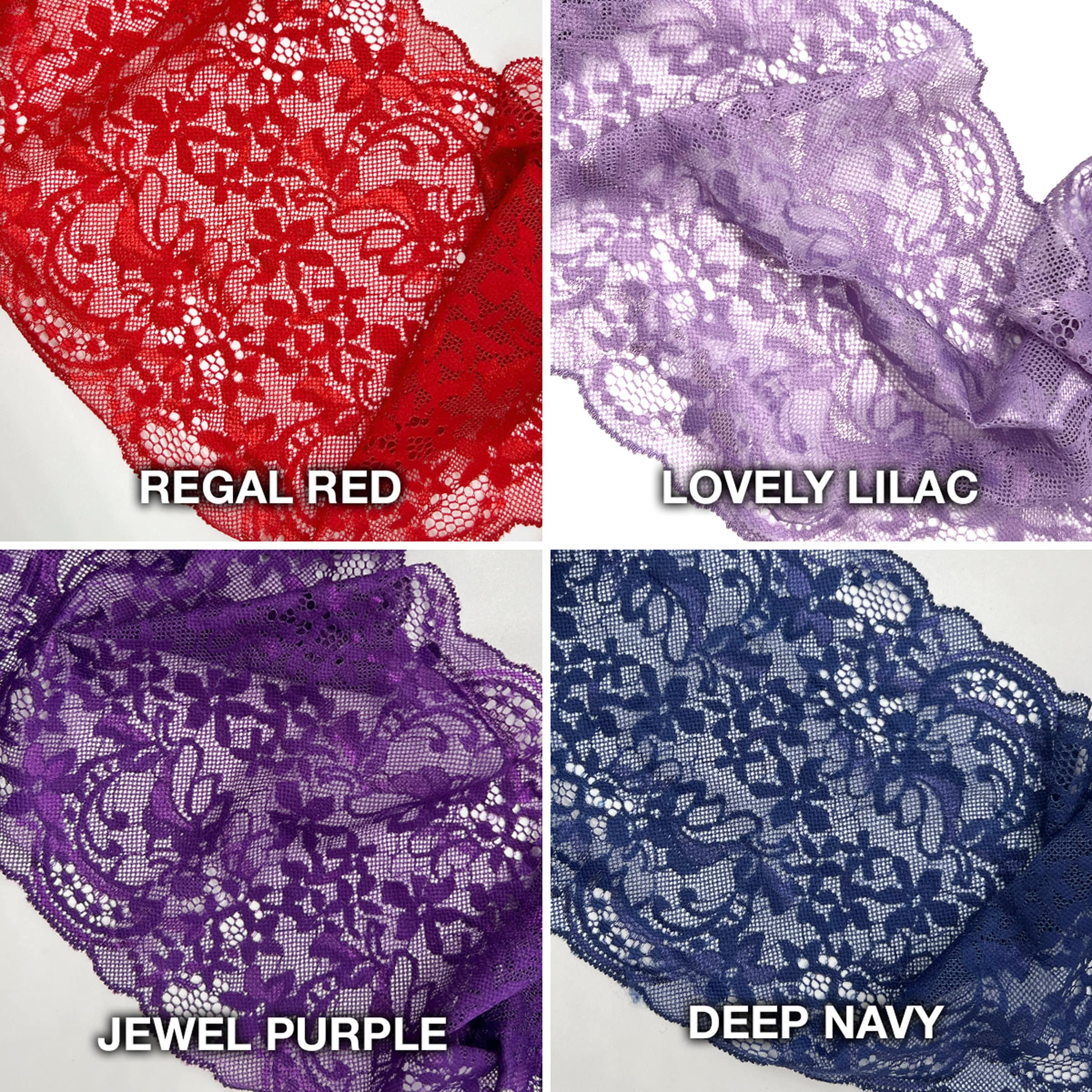 Stitch Love Studio - 6 1/2&quot; (16.5cm) Stretch Lace, Soft, High Quality- 1 Yard, in regal red, lovely lilac, jewel purple, deep navy