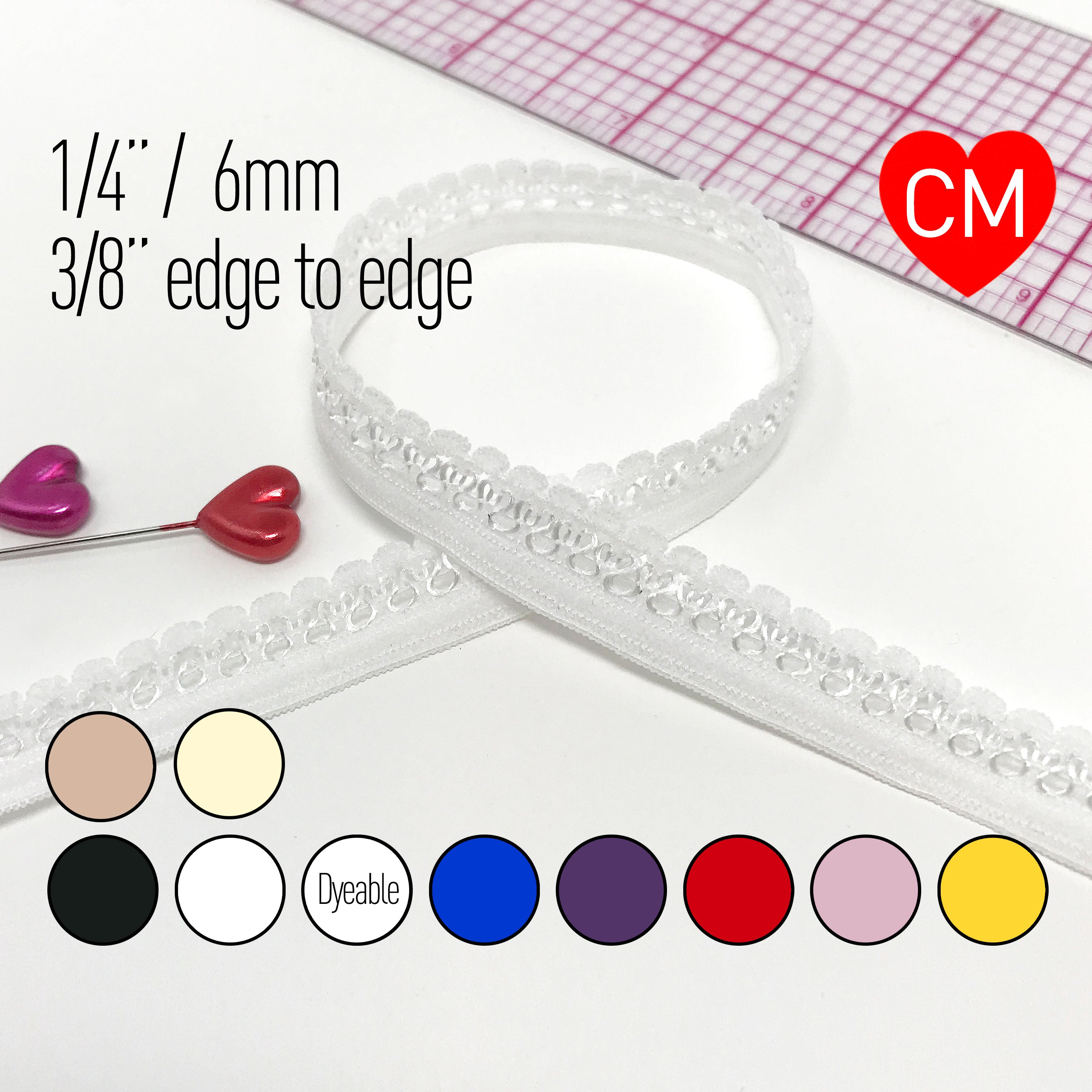 TO BE DISCONTINUED- 1/4" (6mm), 3/8" (10mm) edge to edge, Decorative Picot Elastic- 2 Yards - Stitch Love Studio
