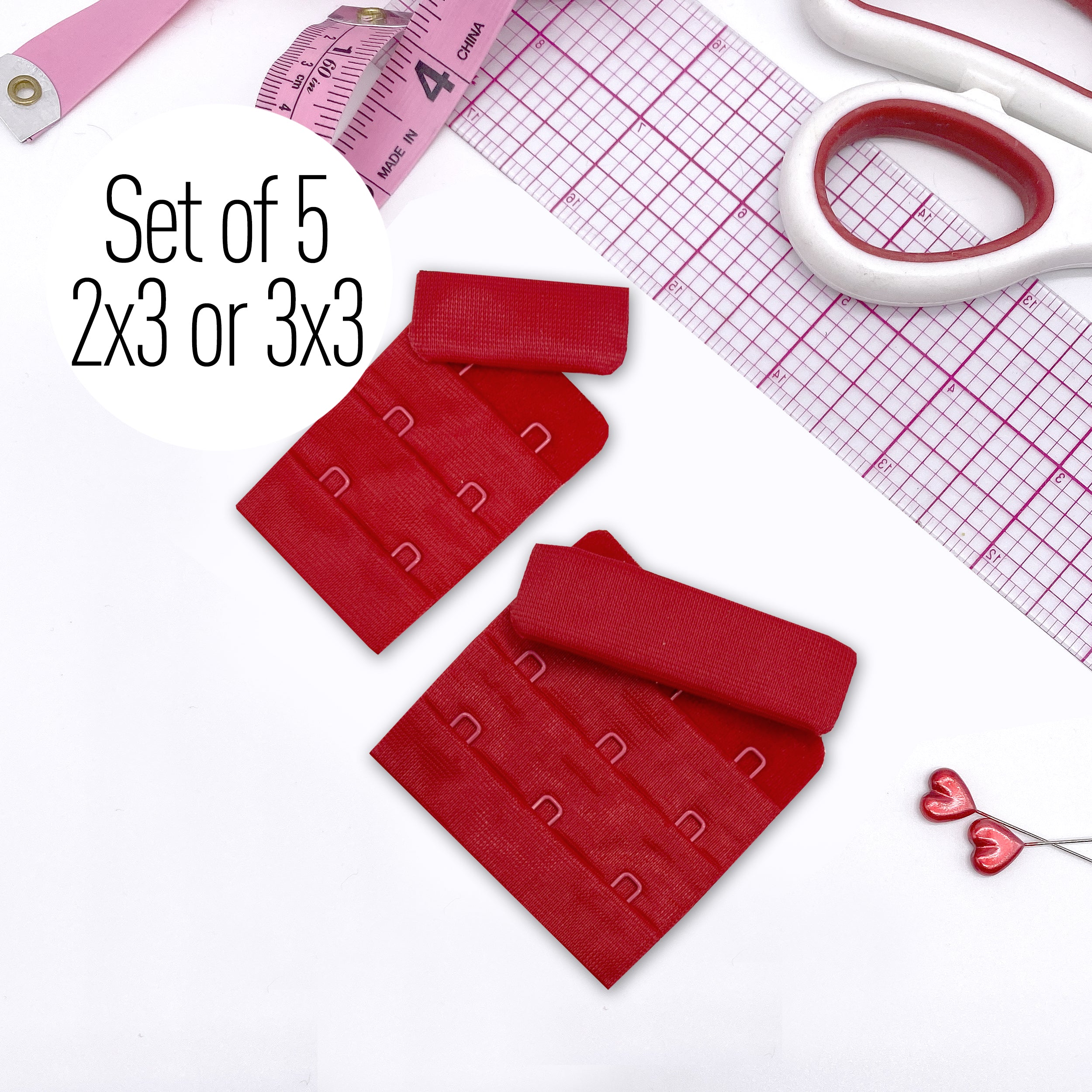 CLEARANCE Set of 5– 2 x 3 or 3 x 3 Red Hook and Eyes for Bra and Bralette Making - Stitch Love Studio