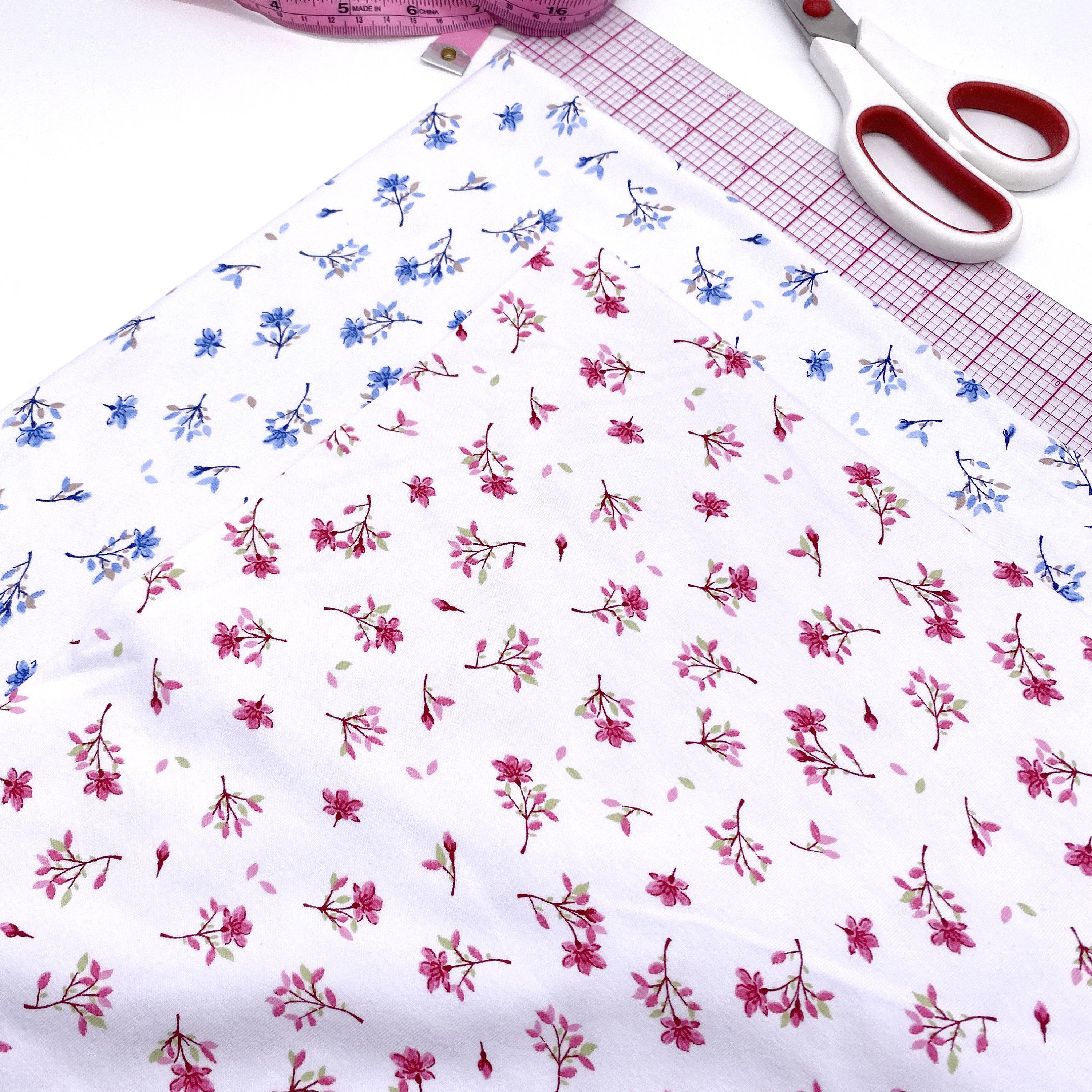 Cotton Spandex Knit Jersey Fabric, by the 1/2 Yard, in Blue or Pink Flowers Print-Stitch Love Studio