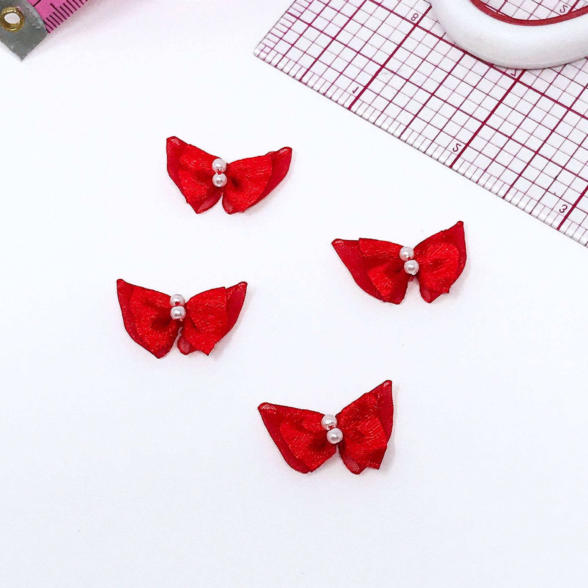 1" (25mm) Small Red Satin Butterfly Bows with Pearlesque Beads- Set of 2-Stitch Love Studio