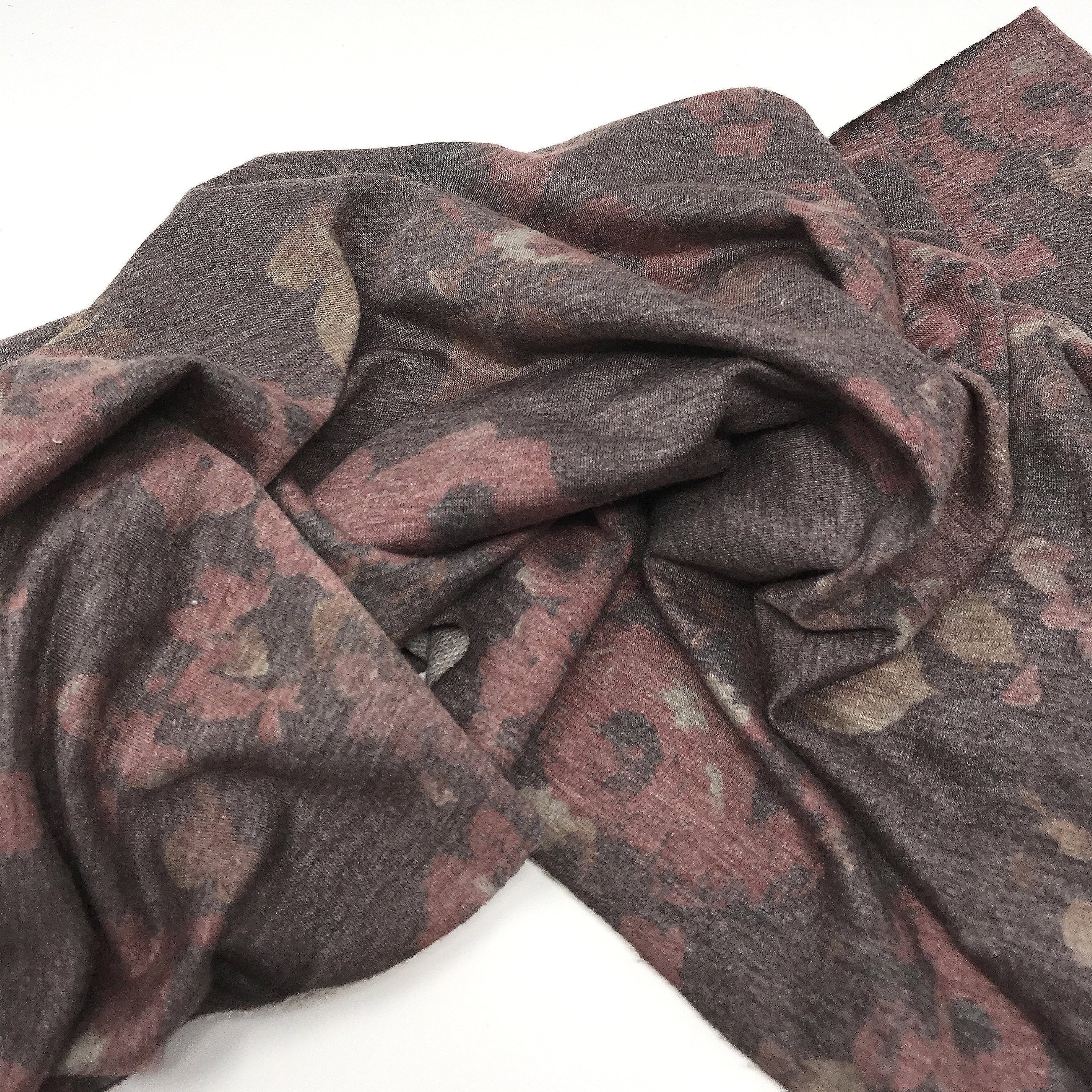 French Terry Knit Fabric Heather Chocolate Brown with Flower Print- by the 1/2 Yard-Stitch Love Studio