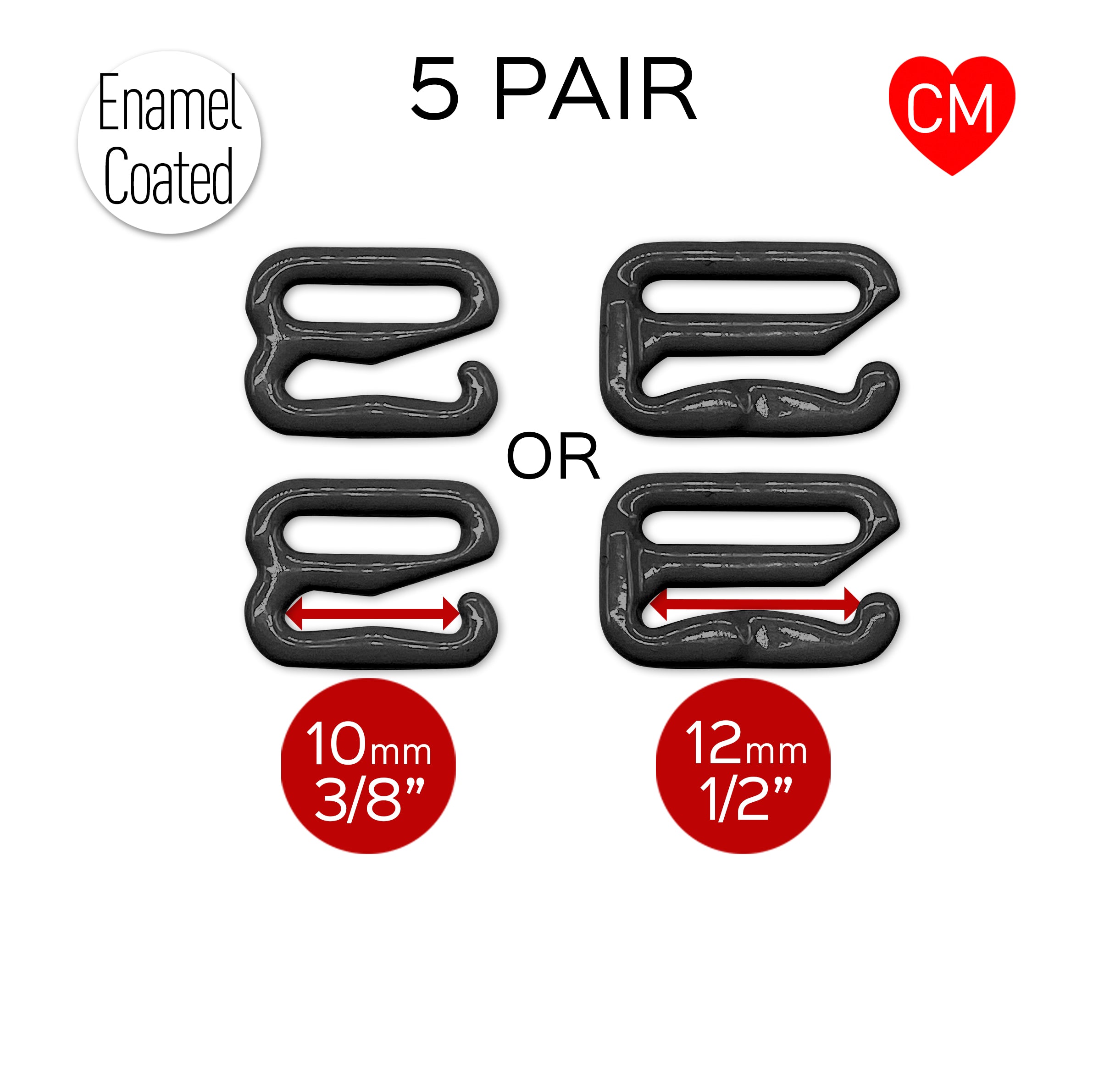 CLEARANCE- 5 Pair of Bra Strap Slider G Hooks in Enamel Coated Black for Swimwear or Bra making- 3/8" or 1/2"