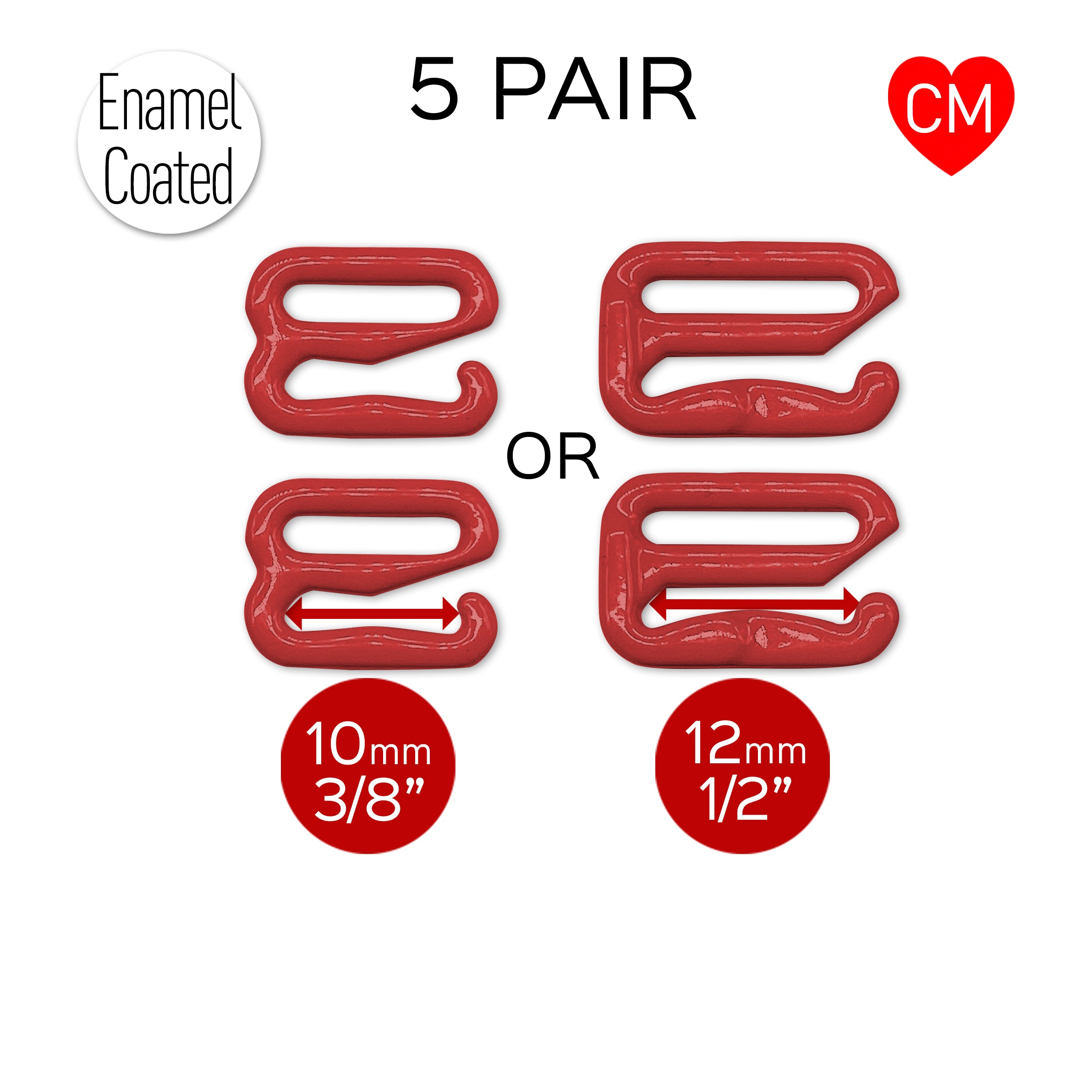 CLEARANCE- 5 Pair of Bra Strap Slider G Hooks in Enamel Coated Regal Red for Swimwear or Bra making- 3/8" or 1/2"