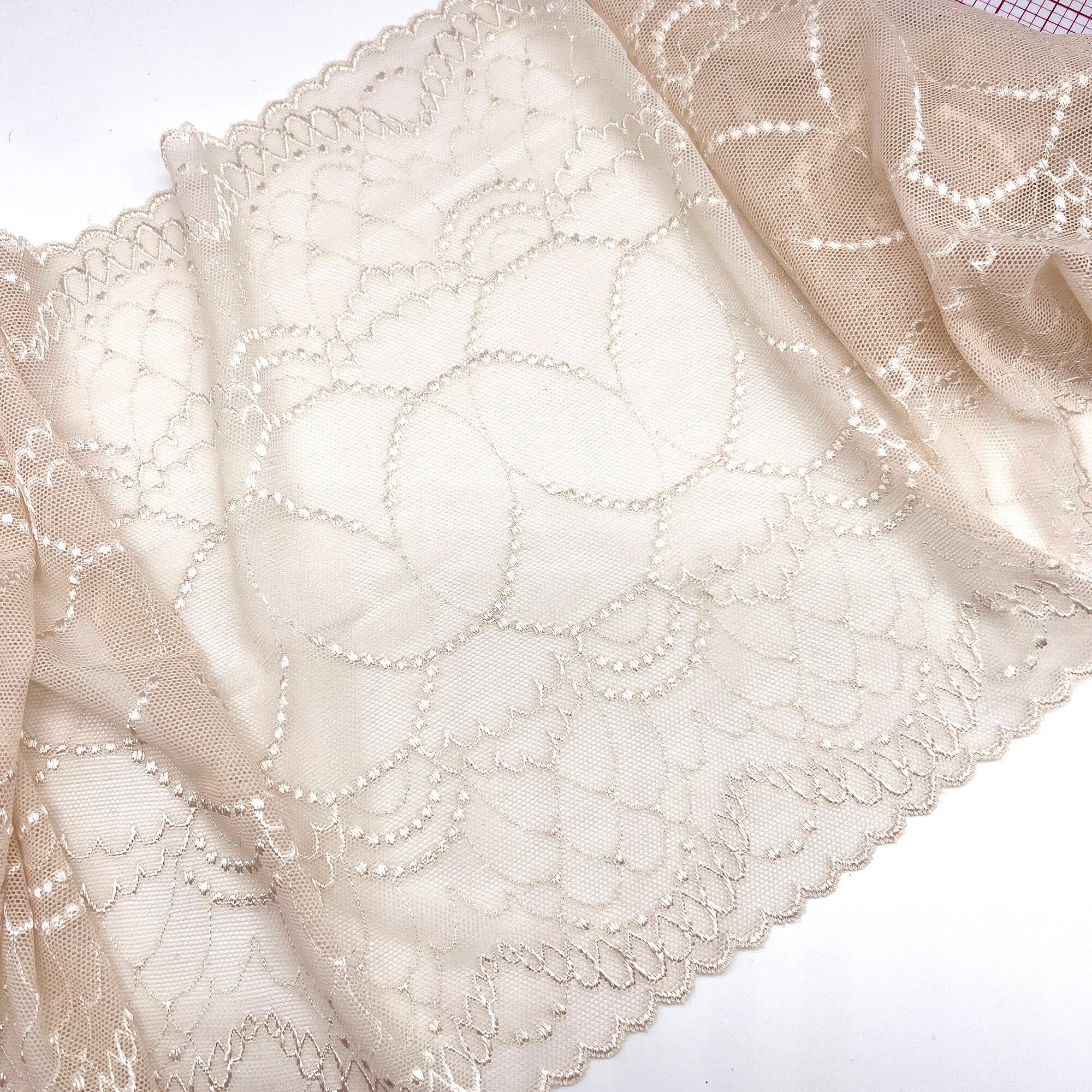 9.5" (24cm) Wide, Delicate Stretch Lace in Light Sand, Ivory, Black and White - 1 Yard-Stitch Love Studio
