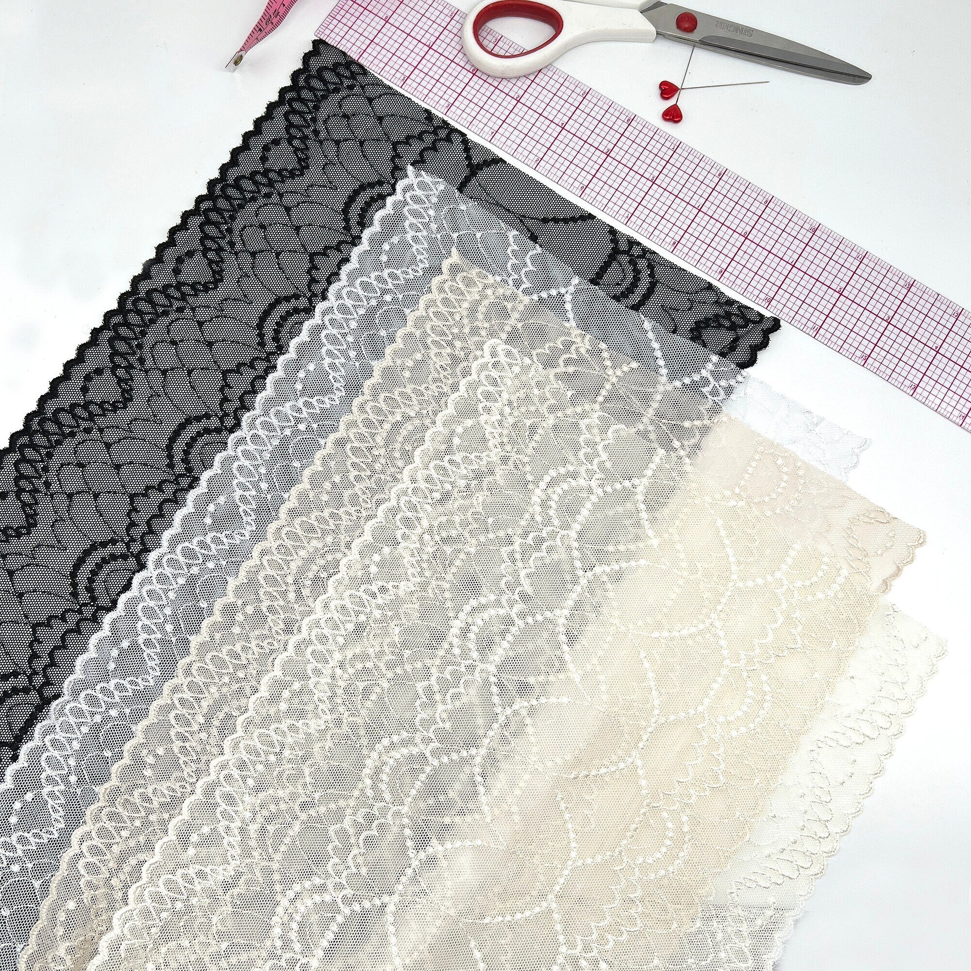 9.5" (24cm) Wide, Delicate Stretch Lace in Light Sand, Ivory, Black and White - 1 Yard-Stitch Love Studio