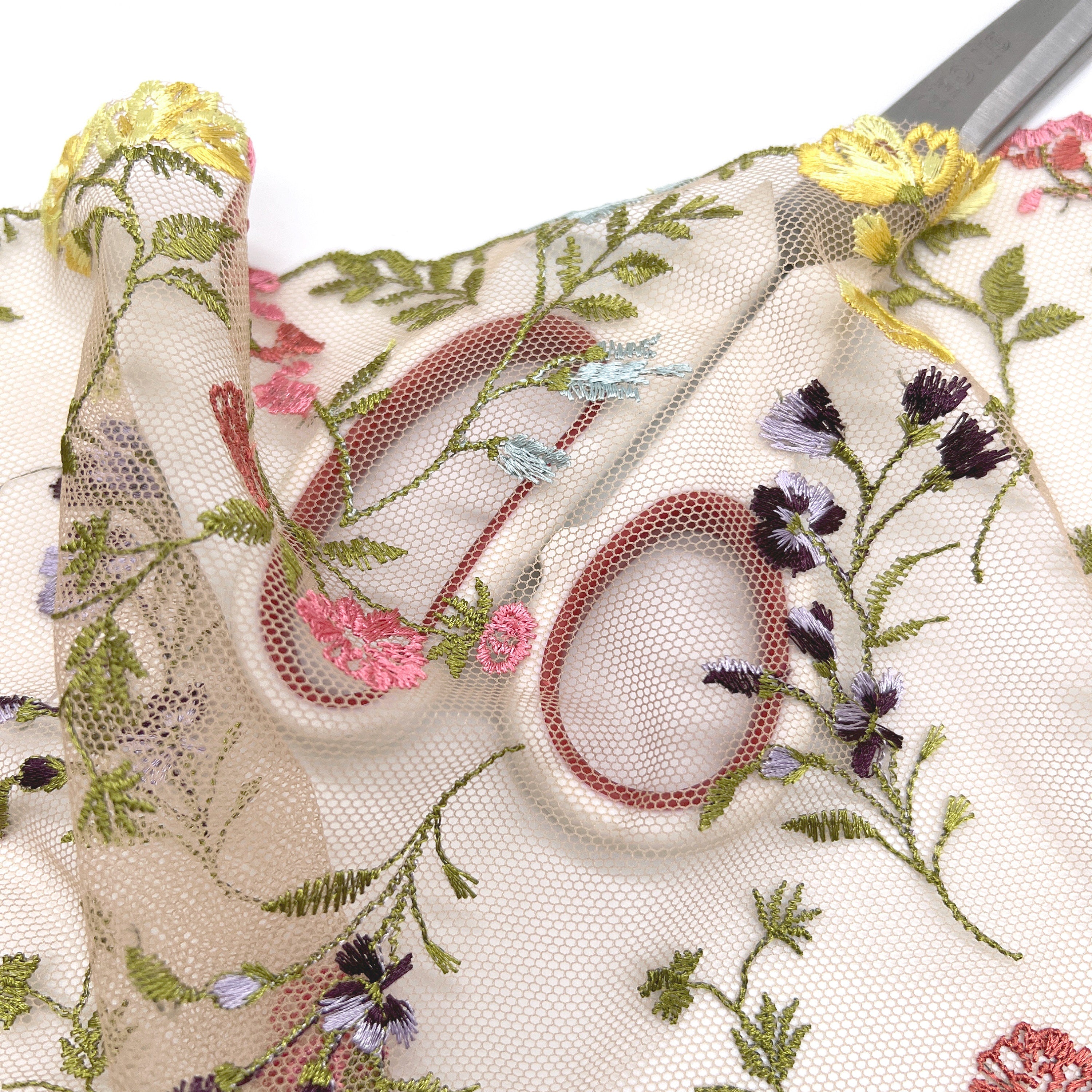 8 1/4" (21cm) Wide Flower Embroidered Tulle Light Beige Lace- 1 Yard-Stitch Love Studio