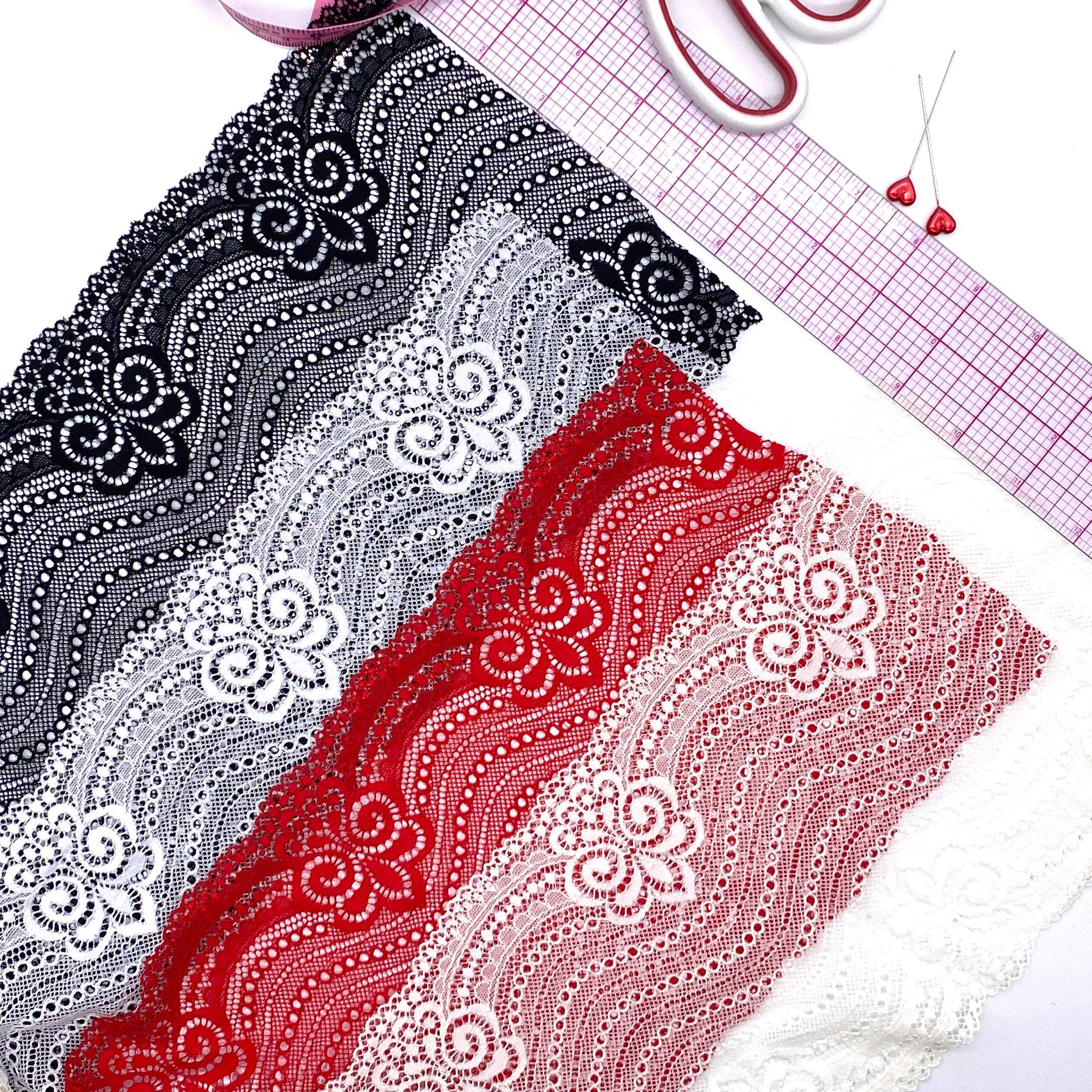 6 1/4" (16cm) Stretch Lace, Soft, High-Quality in White, Black, Ivory or Red- by the 1 yard - Stitch Love Studio