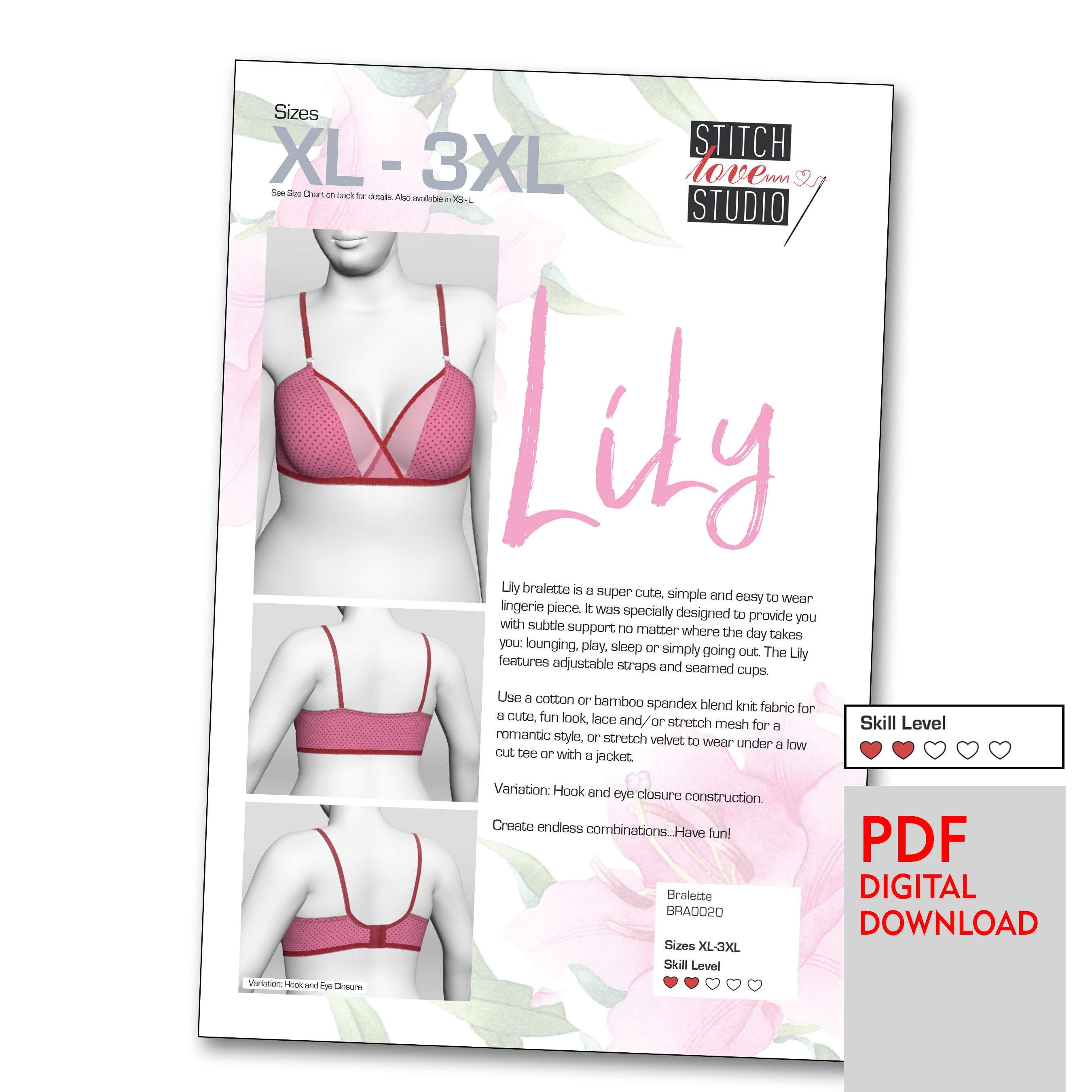 PDF "Lily" Bralette Sewing Pattern, Sizes XL-3XL-Stitch Love Studio