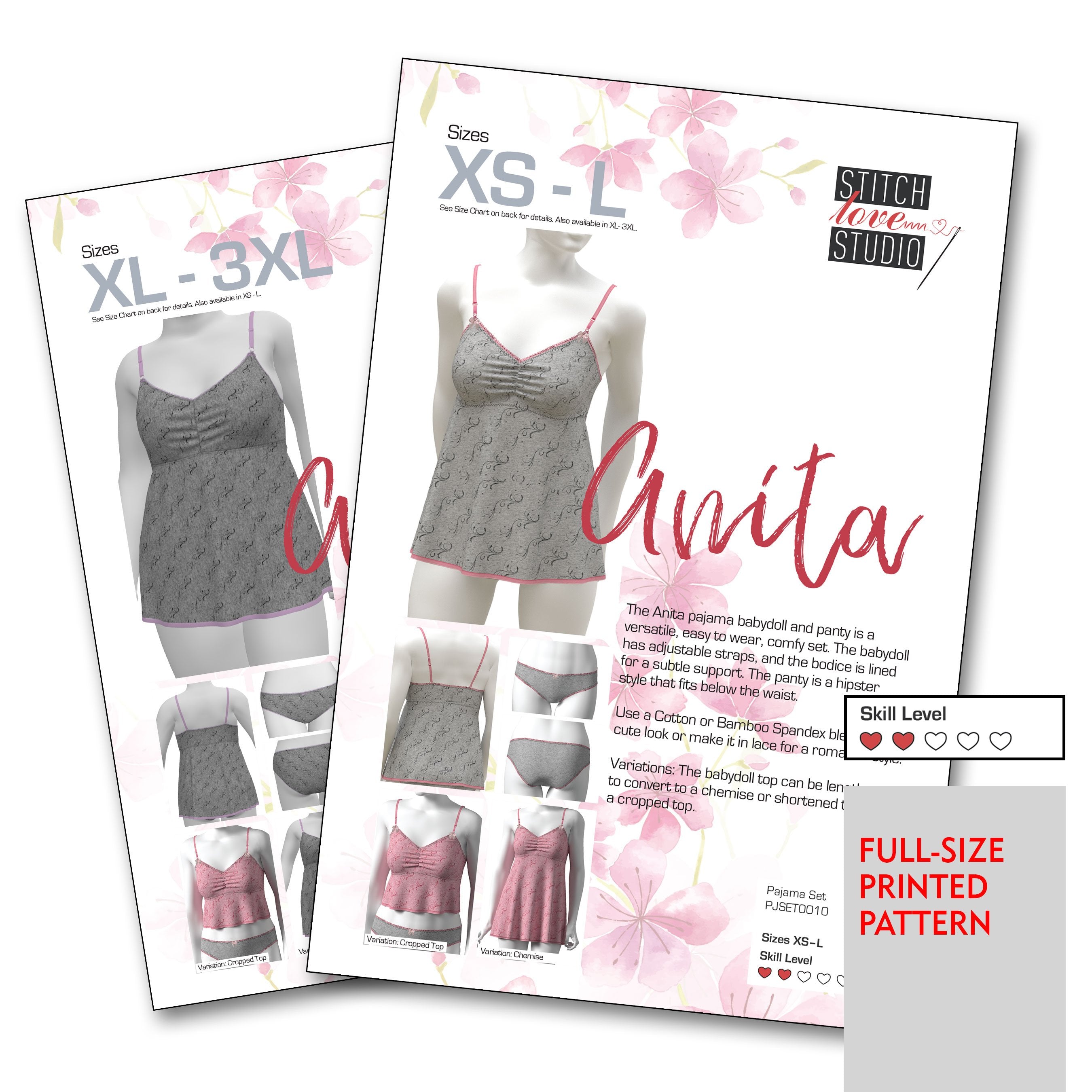 Printed "Anita" Babydoll and Panty Set Sewing Pattern, Sizes XS-L or XL-3XL - Stitch Love Studio