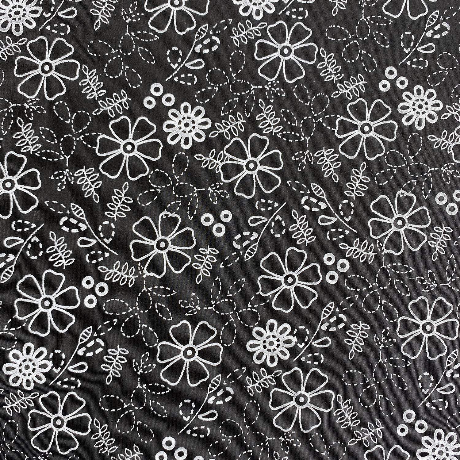 Stretch Tricot Fabric lightweight, White Flower Print on Black Background- by the 1/2 yard-Stitch Love Studio