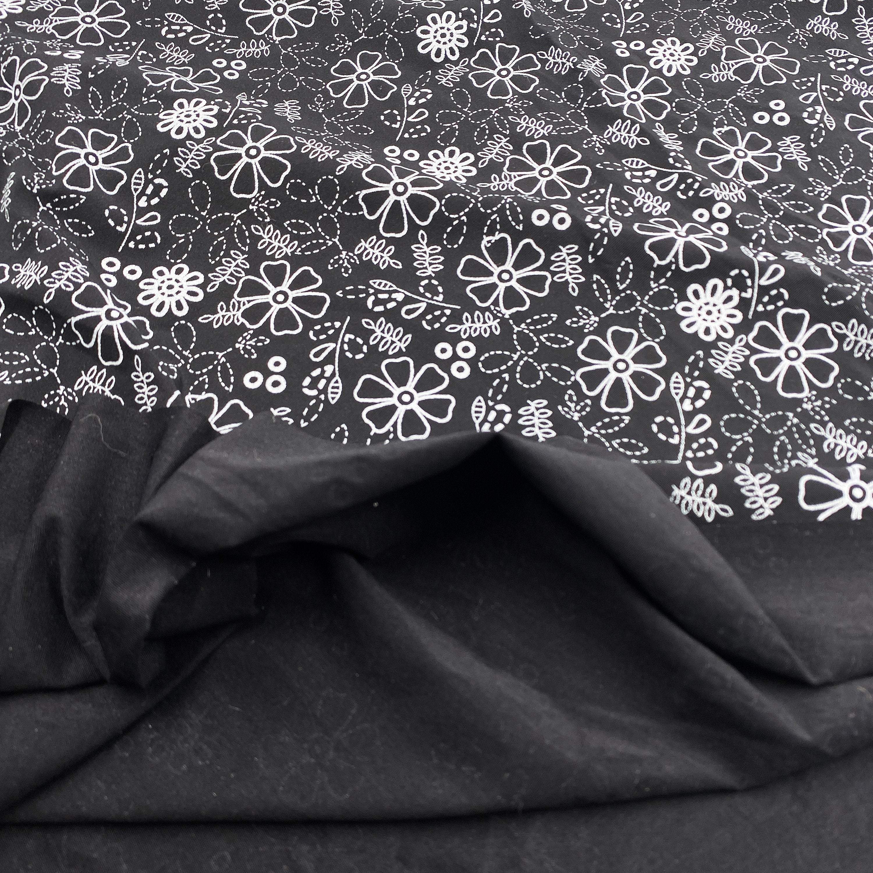 Stretch Tricot Fabric lightweight, White Flower Print on Black Background- by the 1/2 yard-Stitch Love Studio