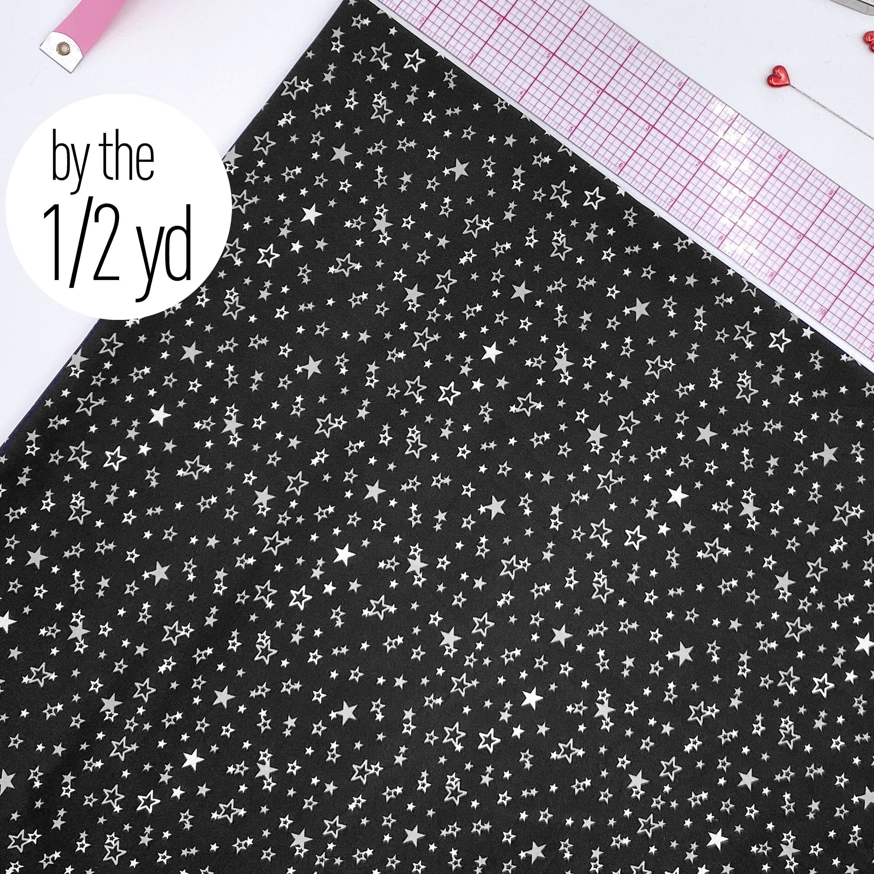 Stretch Tricot Fabric lightweight, White Stars Print on Black Background- by the 1/2 yard-Stitch Love Studio
